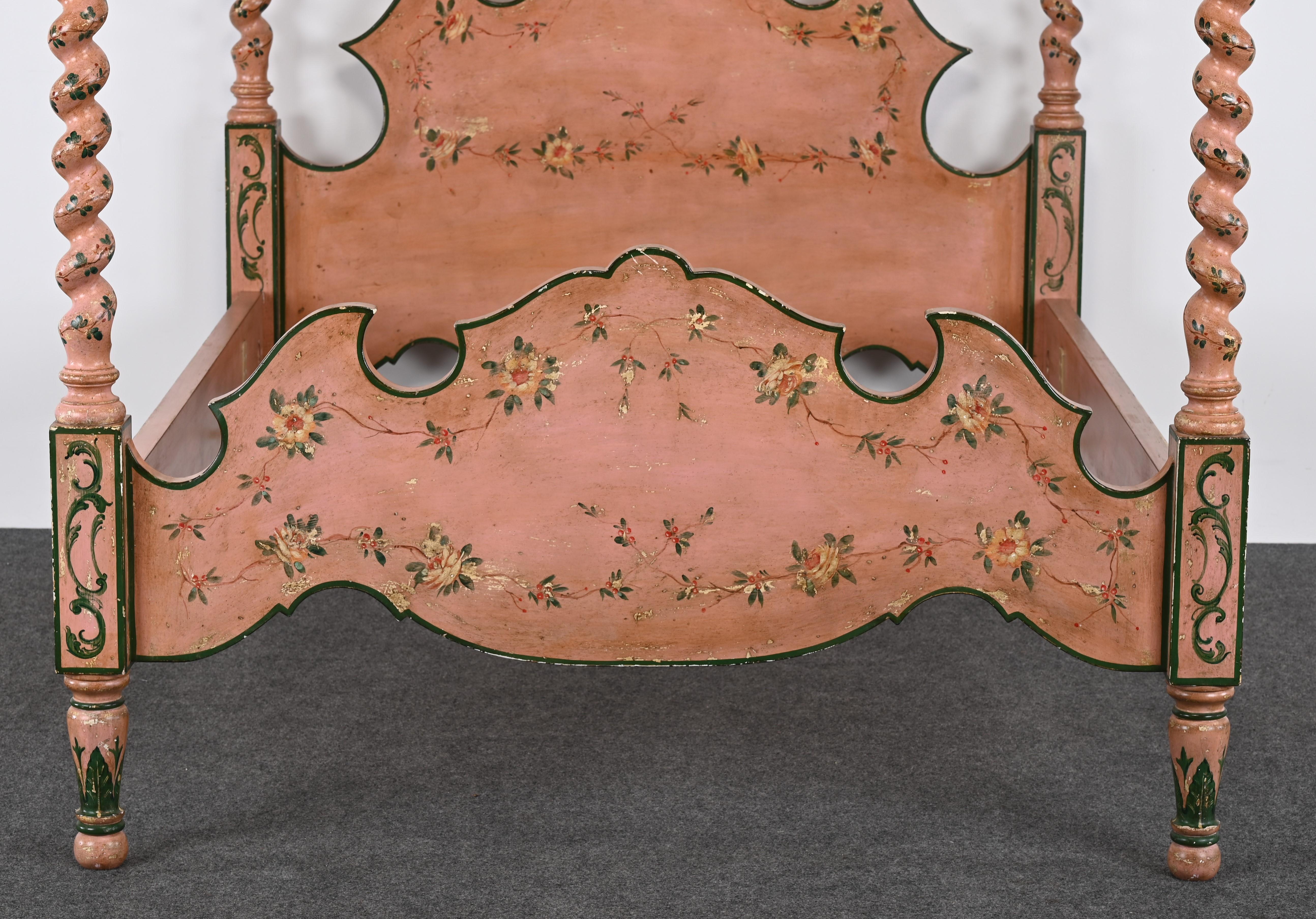 A lovely Italian Hand-painted Poster Bed by Patina furniture company, 1980s. This Italian bed has a beautiful hand-painted aged patinated finish. This whimsical poster bed has hand-carved parrots perching on top of hand-painted posts. In another