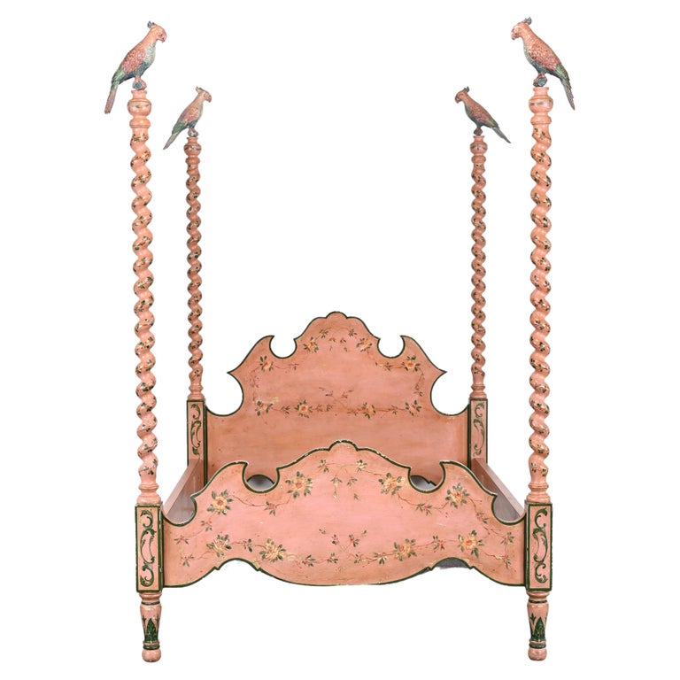 Italian Hand Painted Poster Bed by Patina Furniture Company, 1980s For