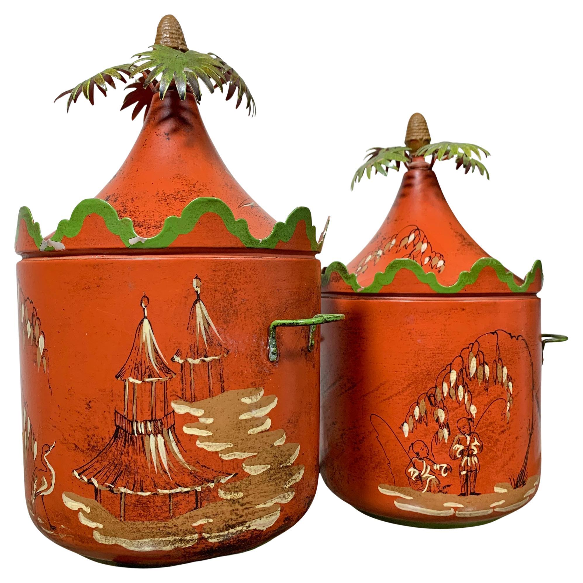 Italian Hand Painted Red Chinoiserie Ice Buckets 1950’s