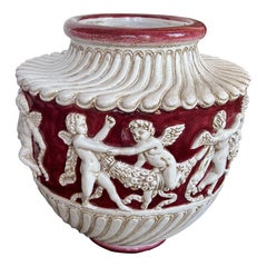 Italian Hand-Painted Red & White Ceramic Vase with Cherub Motif, Classical Art