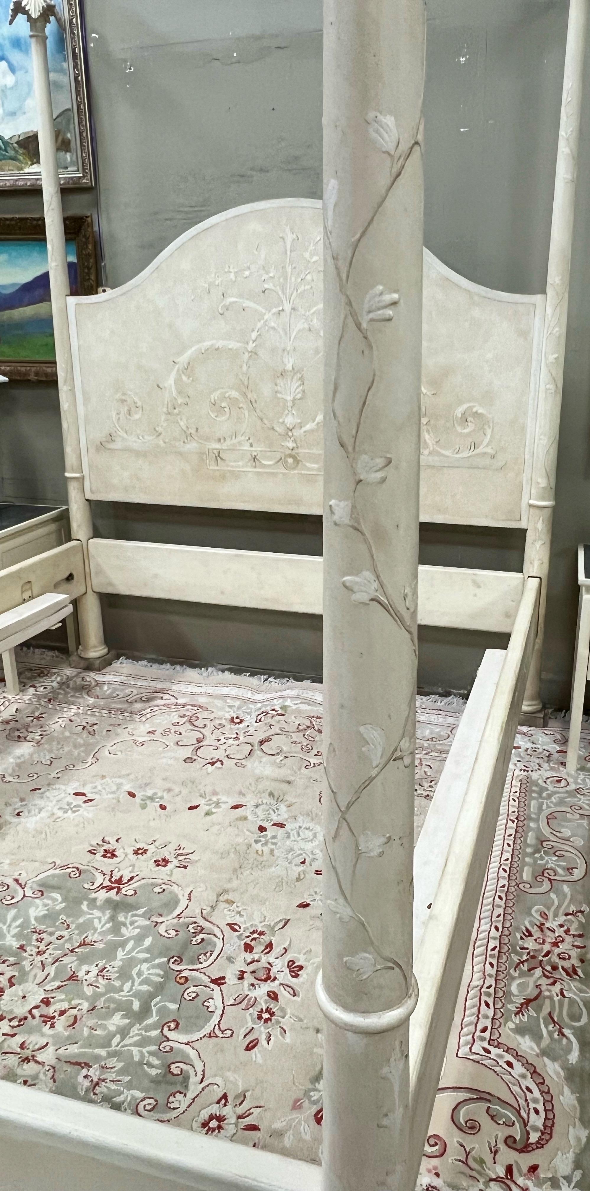 Fantastic hand painted regency style queen size four poster bed with palm frond finials. It is hand crafted in Italy by Patina, and it is marked. The frame is complete and beautifully done in neutral tones. 
