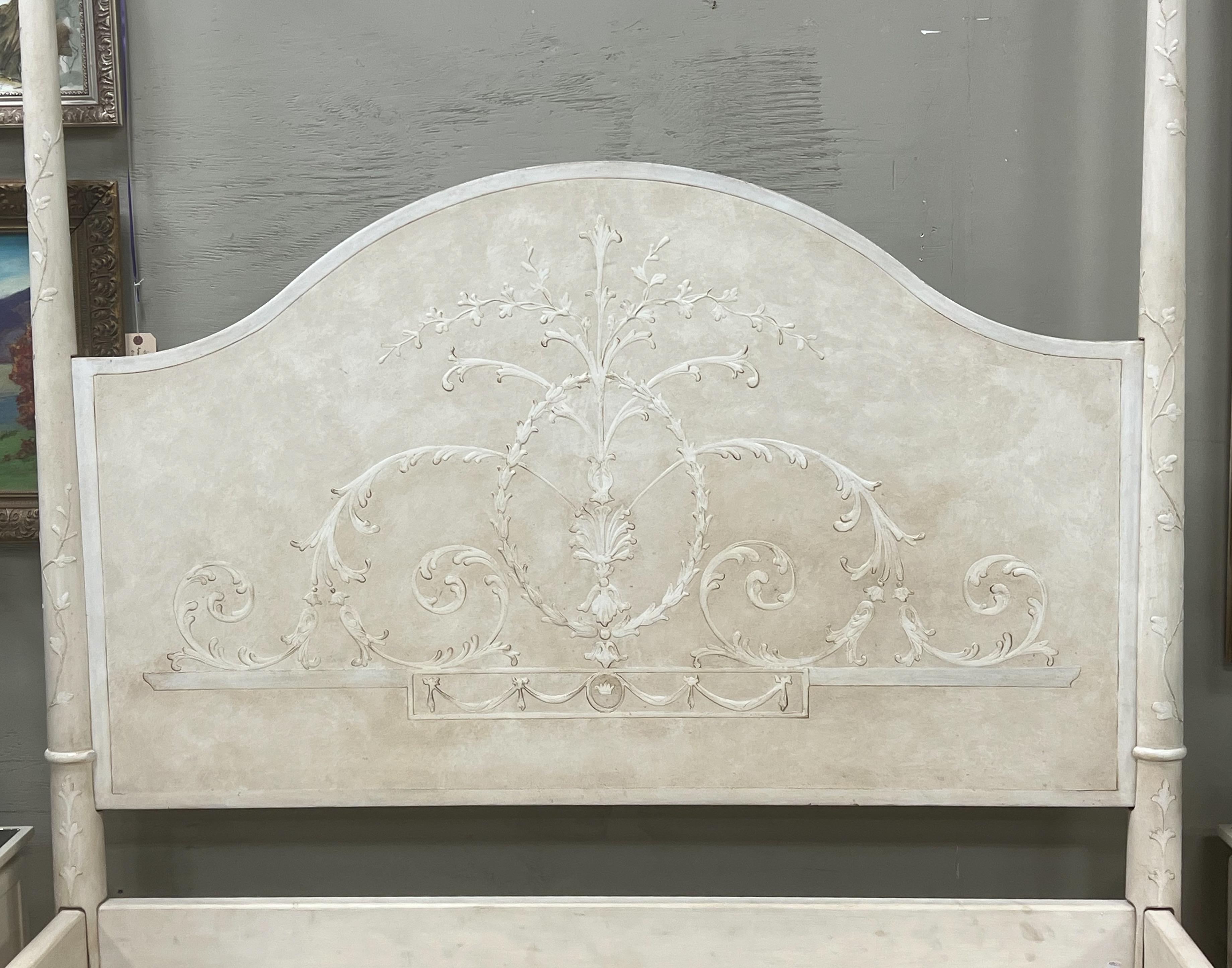 20th Century Italian Hand Painted Regency Style Queen Bed W/ Palm Fronds By Patina For Sale