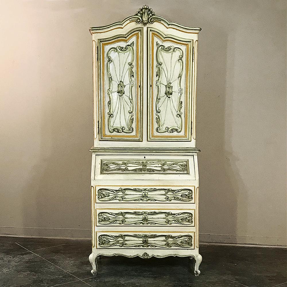 Italian hand painted secretary, bookcase from Piemonte, Italy is a testament to the talented artisans of Piemonte, Italy! Its hand carved artistry features the traditional subtle Baroque influence developed in the region, a product of the master