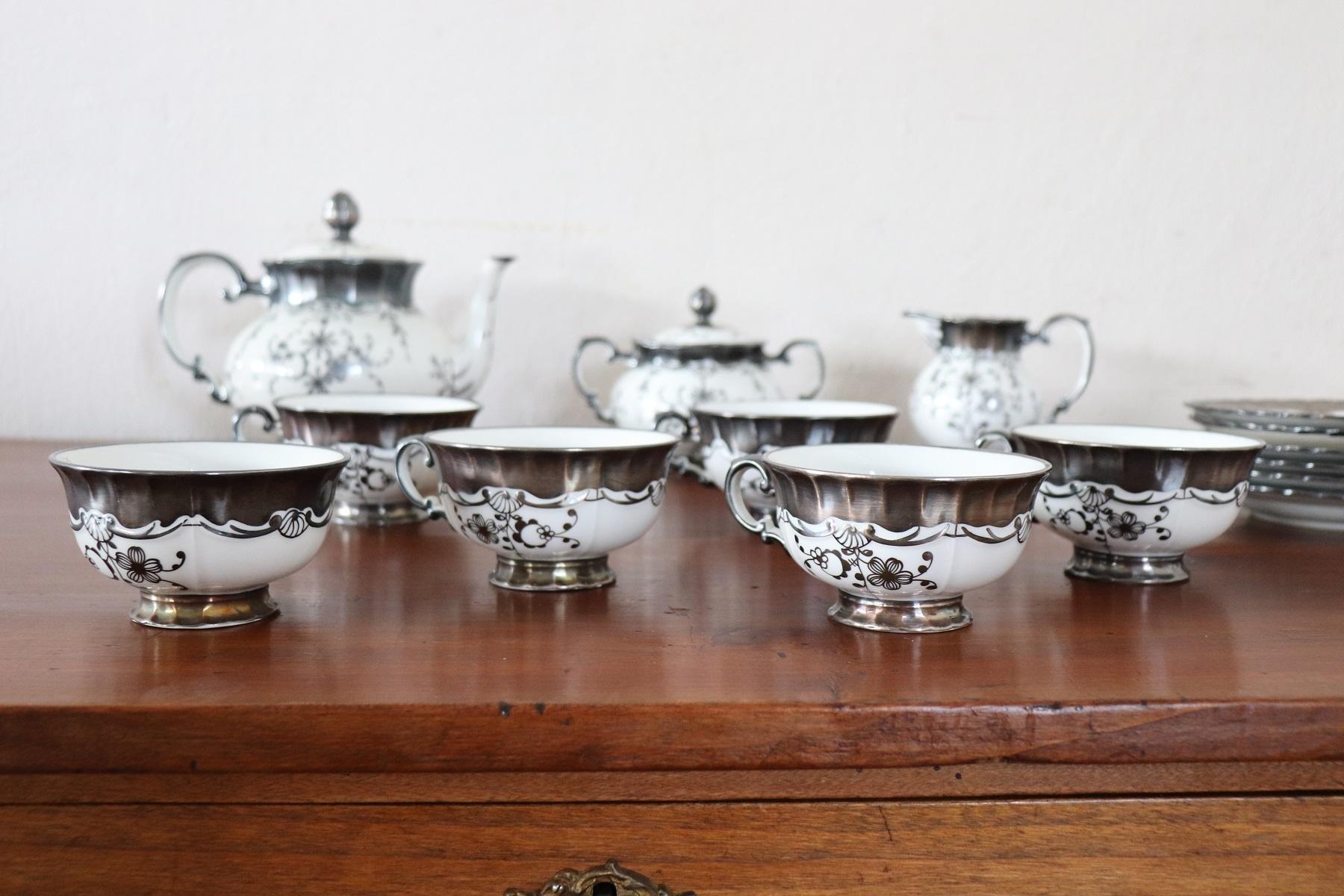Italian Hand Painted Silver Decoration Tea Set by Richard Ginori 15 Pieces 1