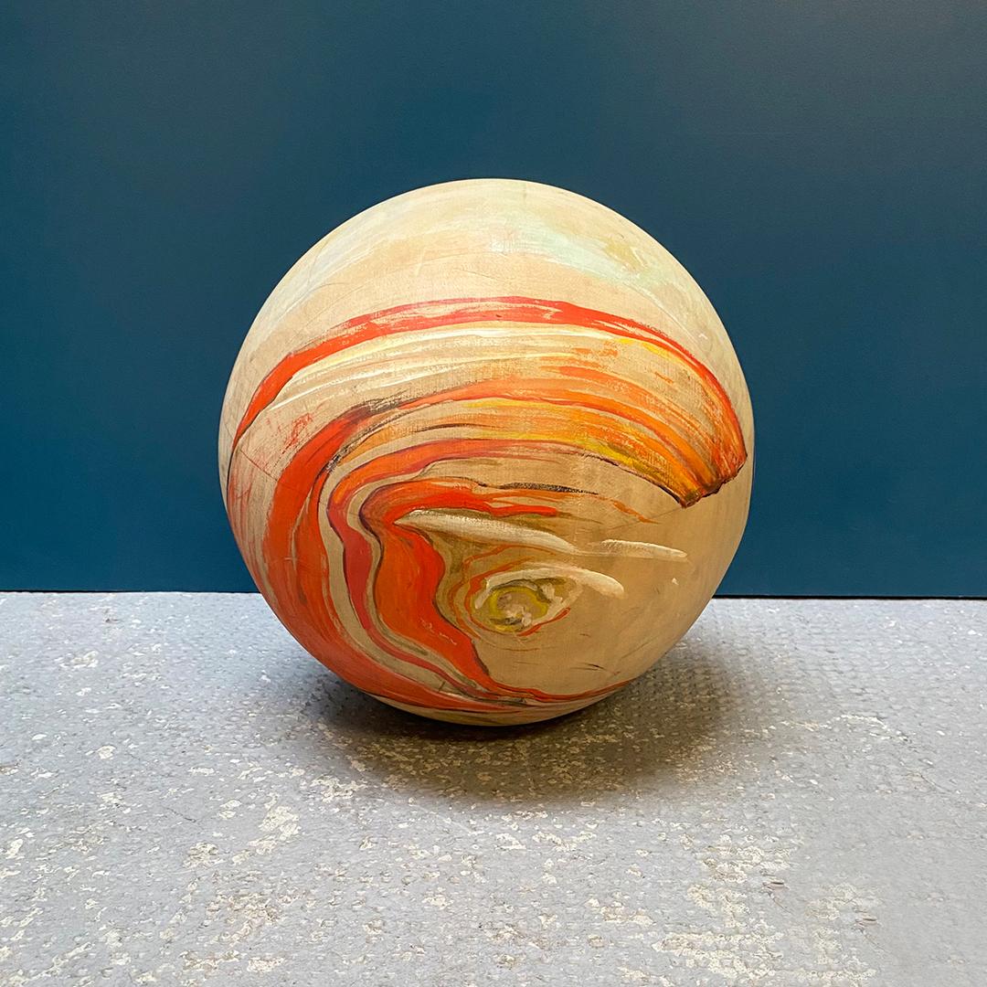 Mid-Century Modern Italian Hand Painted Solid Wood Decorative Sphere with Abstract Decoration 1970s