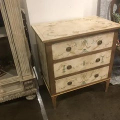 Italian Hand-Painted Three-Drawer Commode, Ivory Patina with Green & Gold 1960