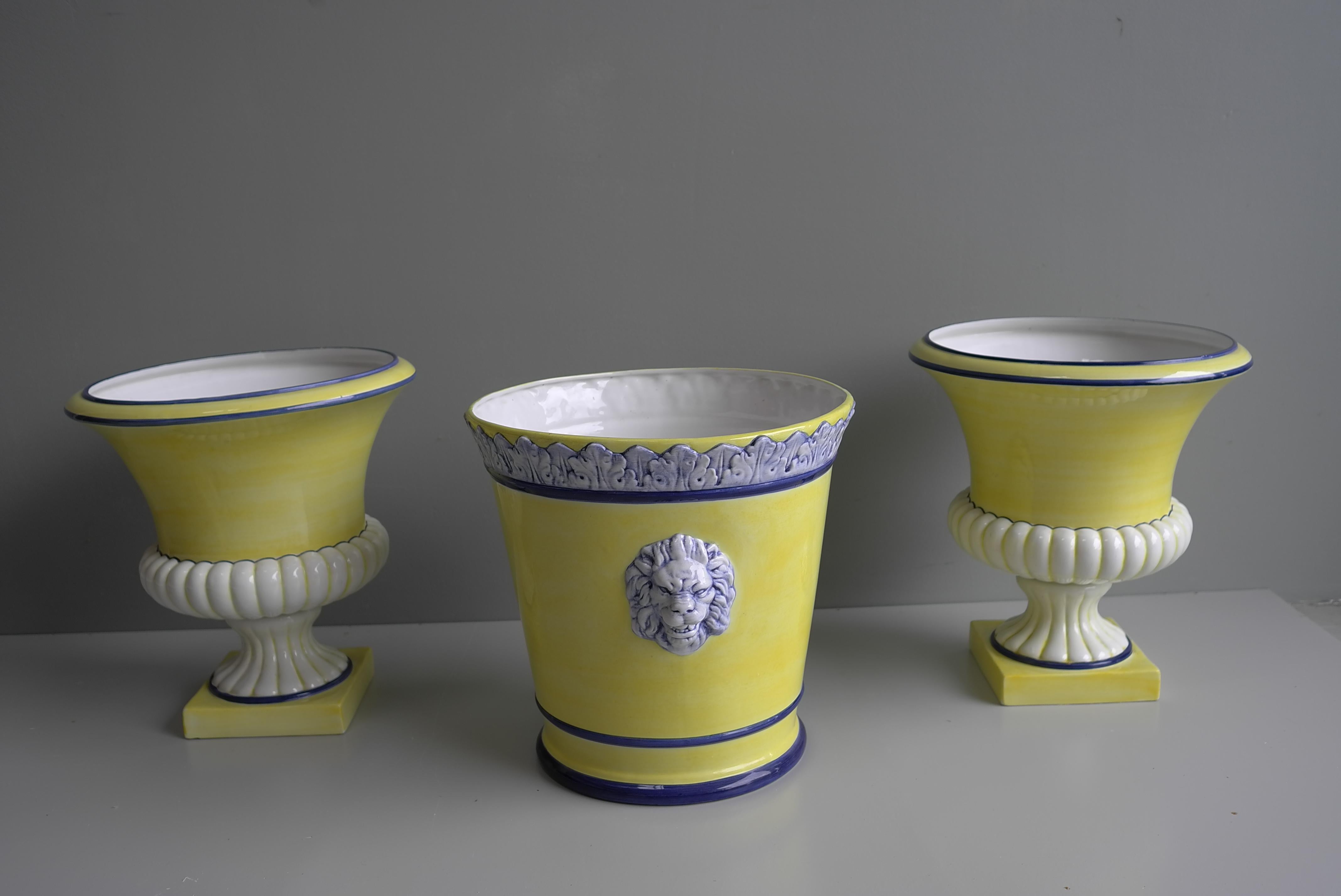 Italian Hand painted Three Piece Lion Head Neoclassic Yellow Vase Garniture For Sale 6