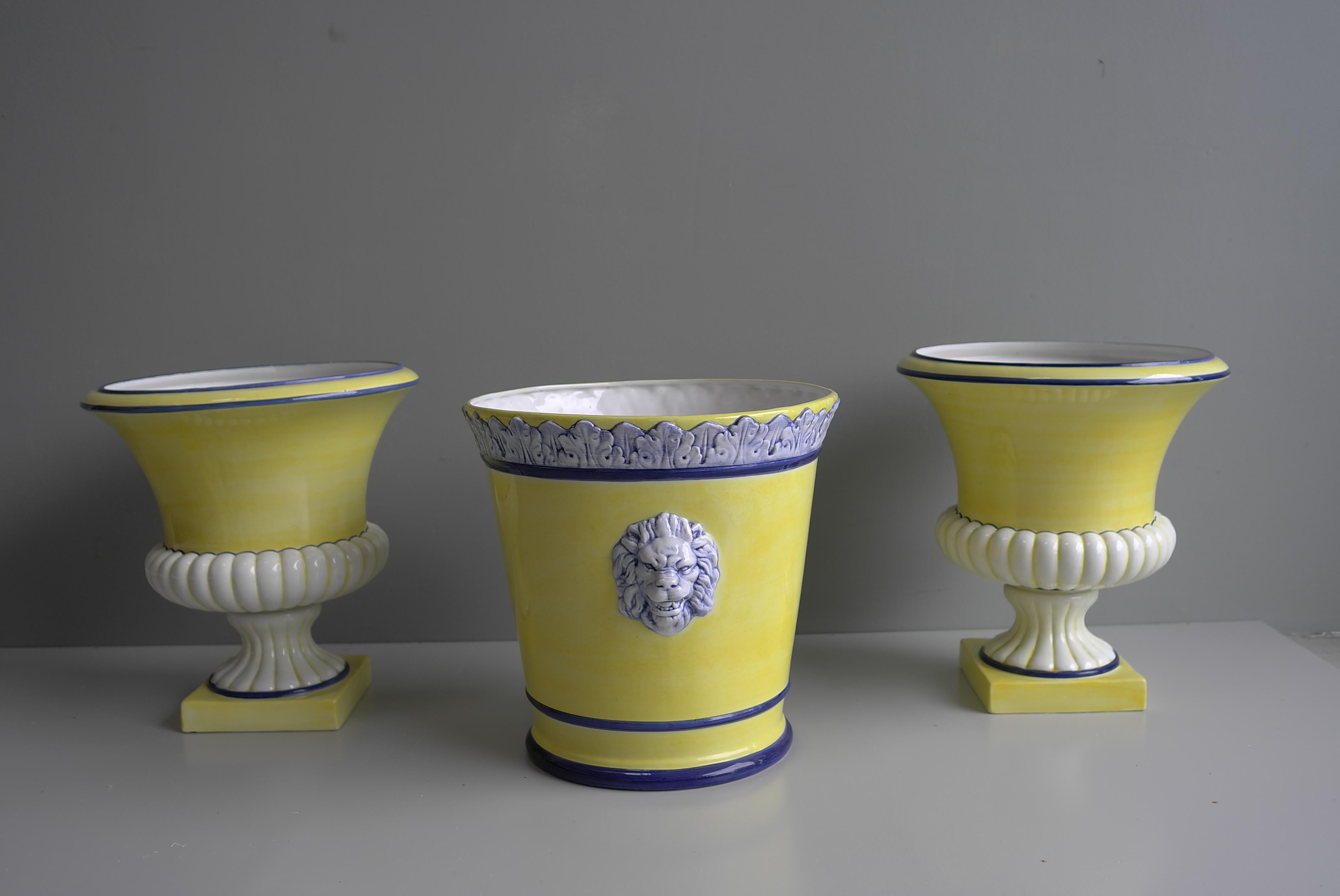 Italian Hand painted Three Piece Lion Head Neoclassic Yellow Vase Garniture For Sale 7