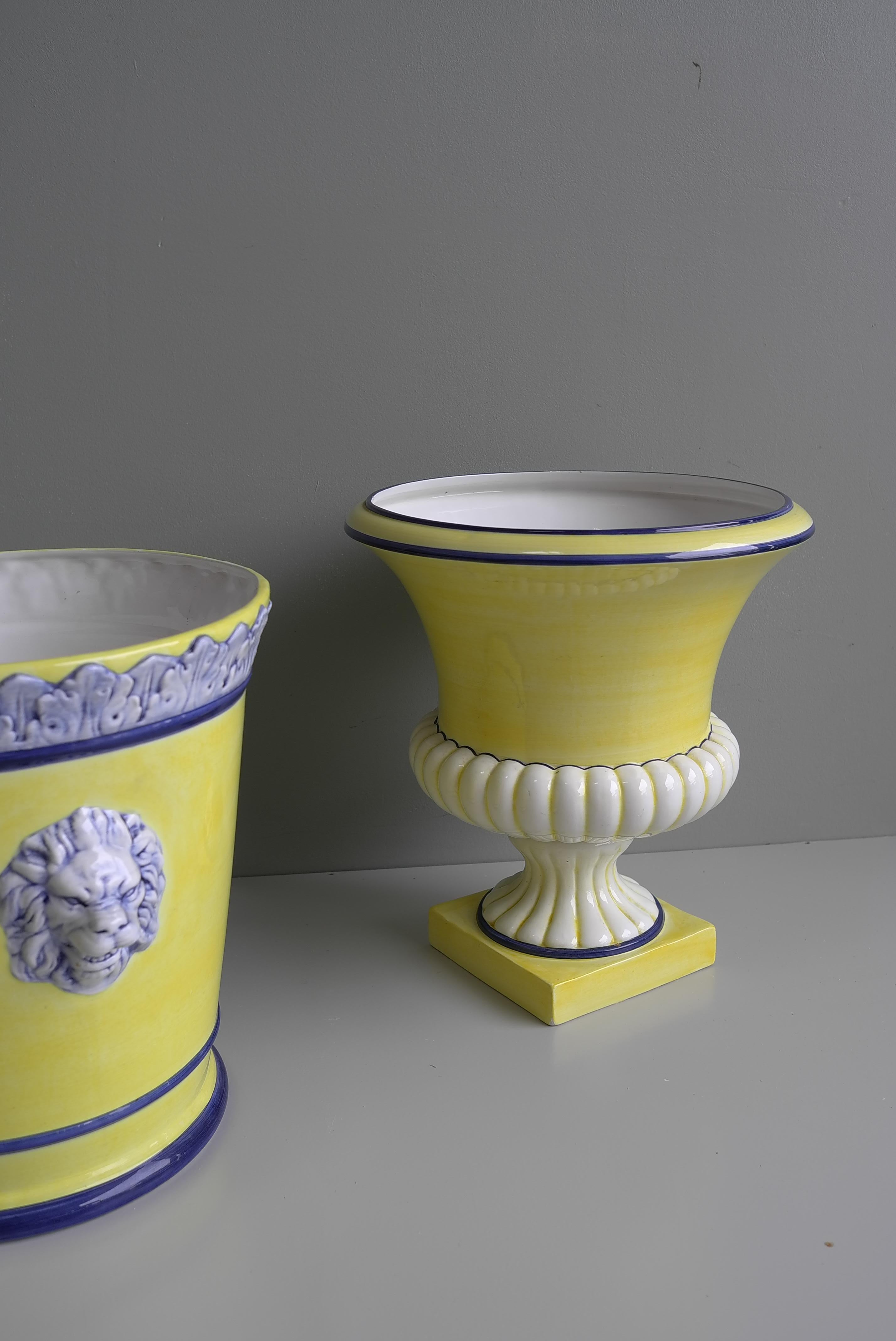 Mid-Century Modern Italian Hand painted Three Piece Lion Head Neoclassic Yellow Vase Garniture For Sale