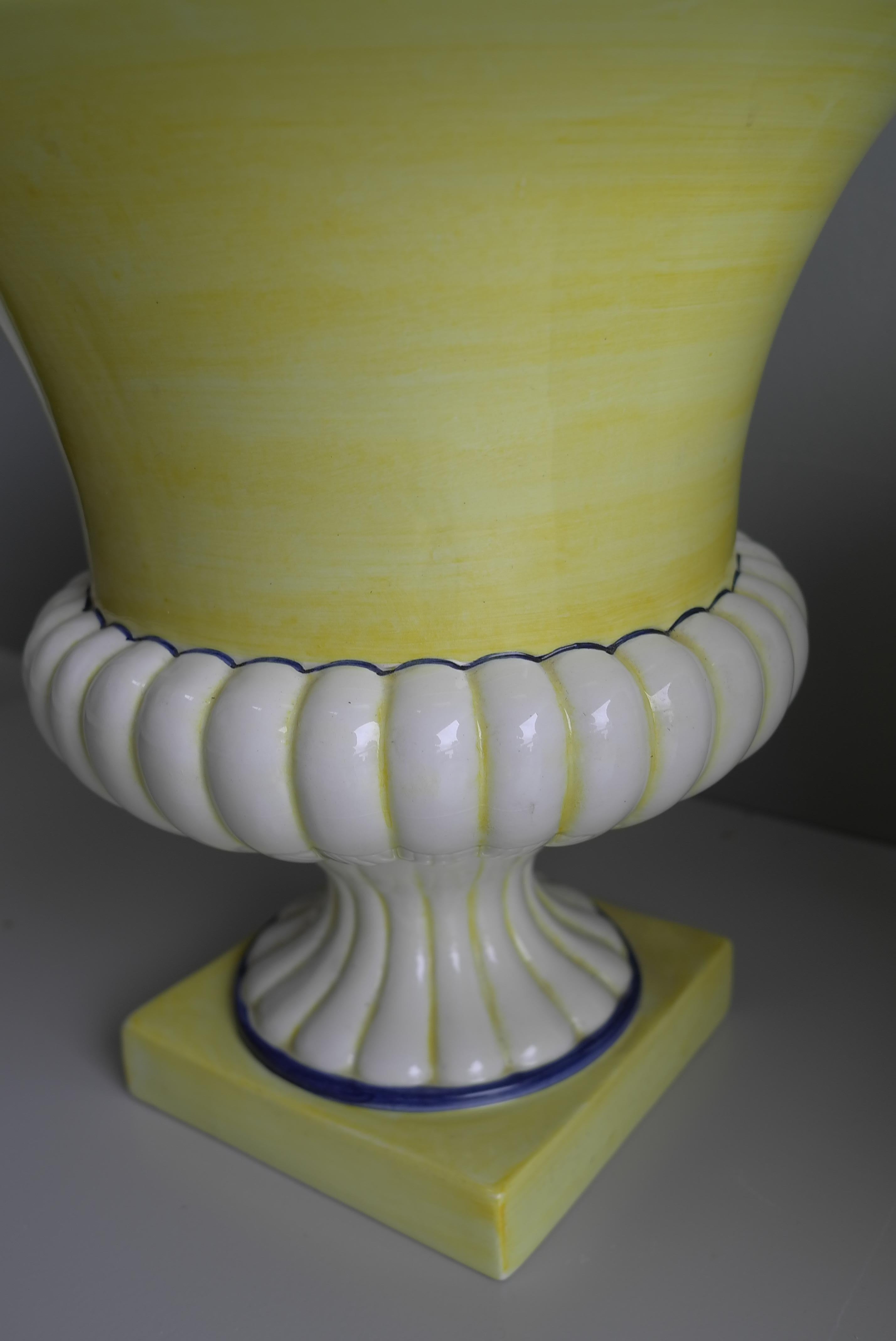 Ceramic Italian Hand painted Three Piece Lion Head Neoclassic Yellow Vase Garniture For Sale