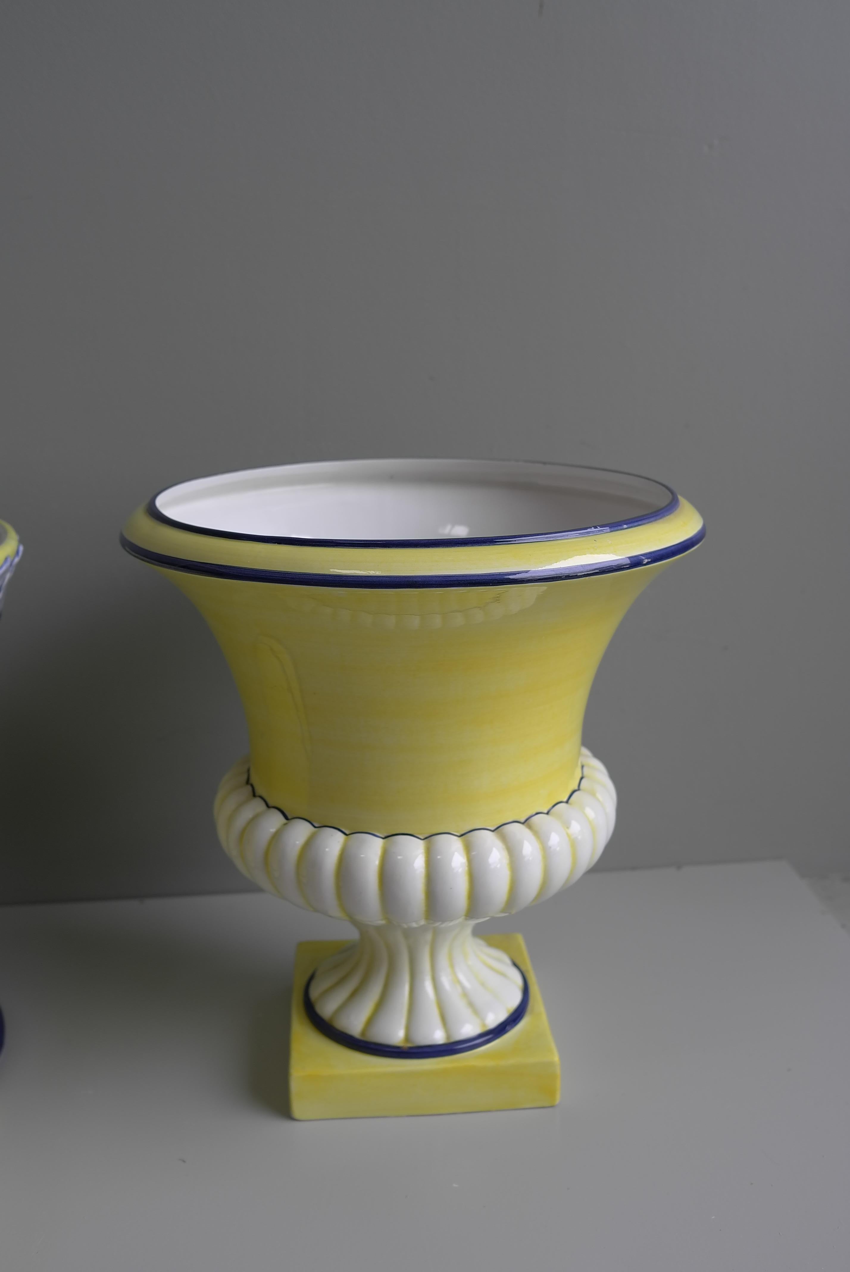 Italian Hand painted Three Piece Lion Head Neoclassic Yellow Vase Garniture For Sale 1