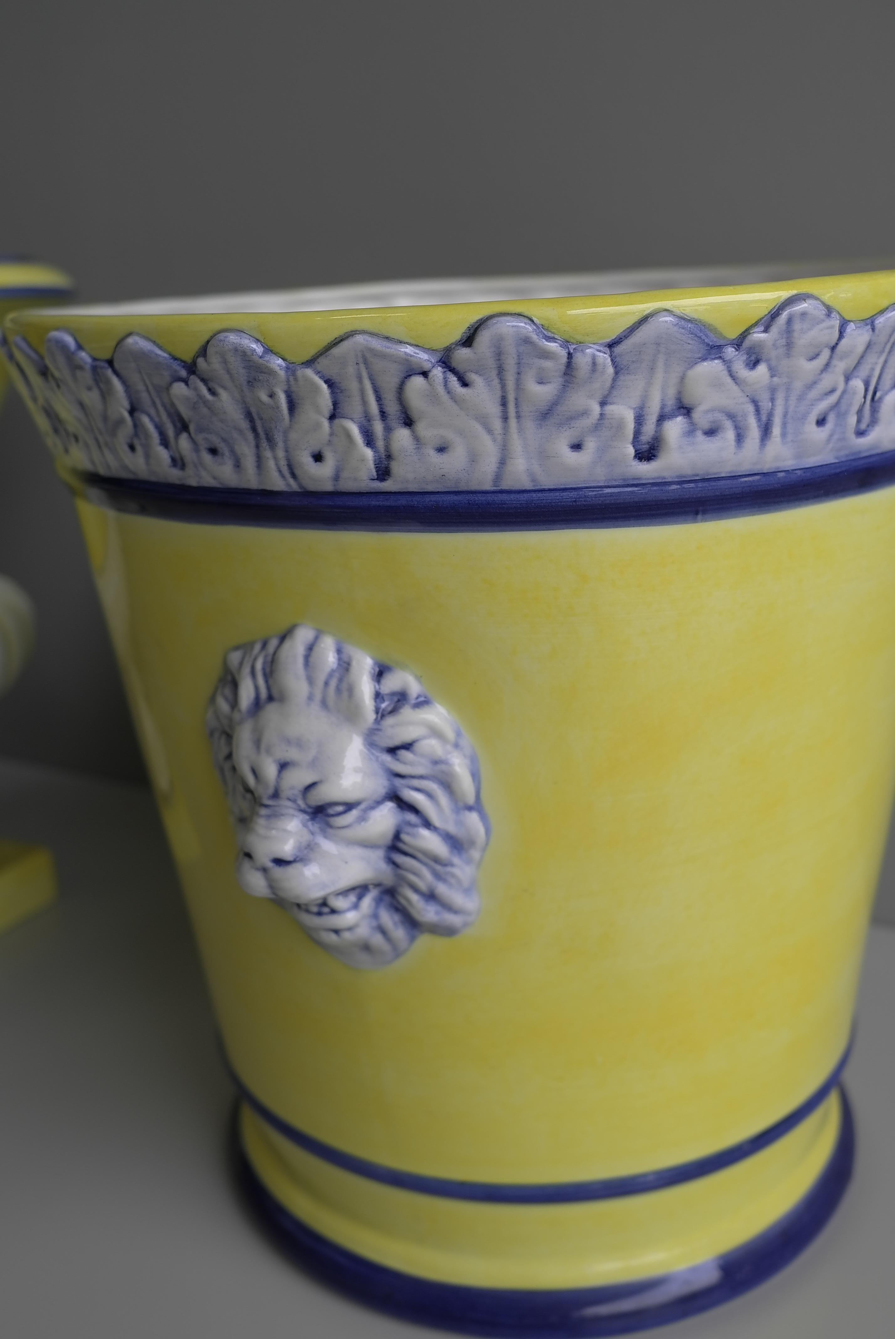 Italian Hand painted Three Piece Lion Head Neoclassic Yellow Vase Garniture For Sale 2