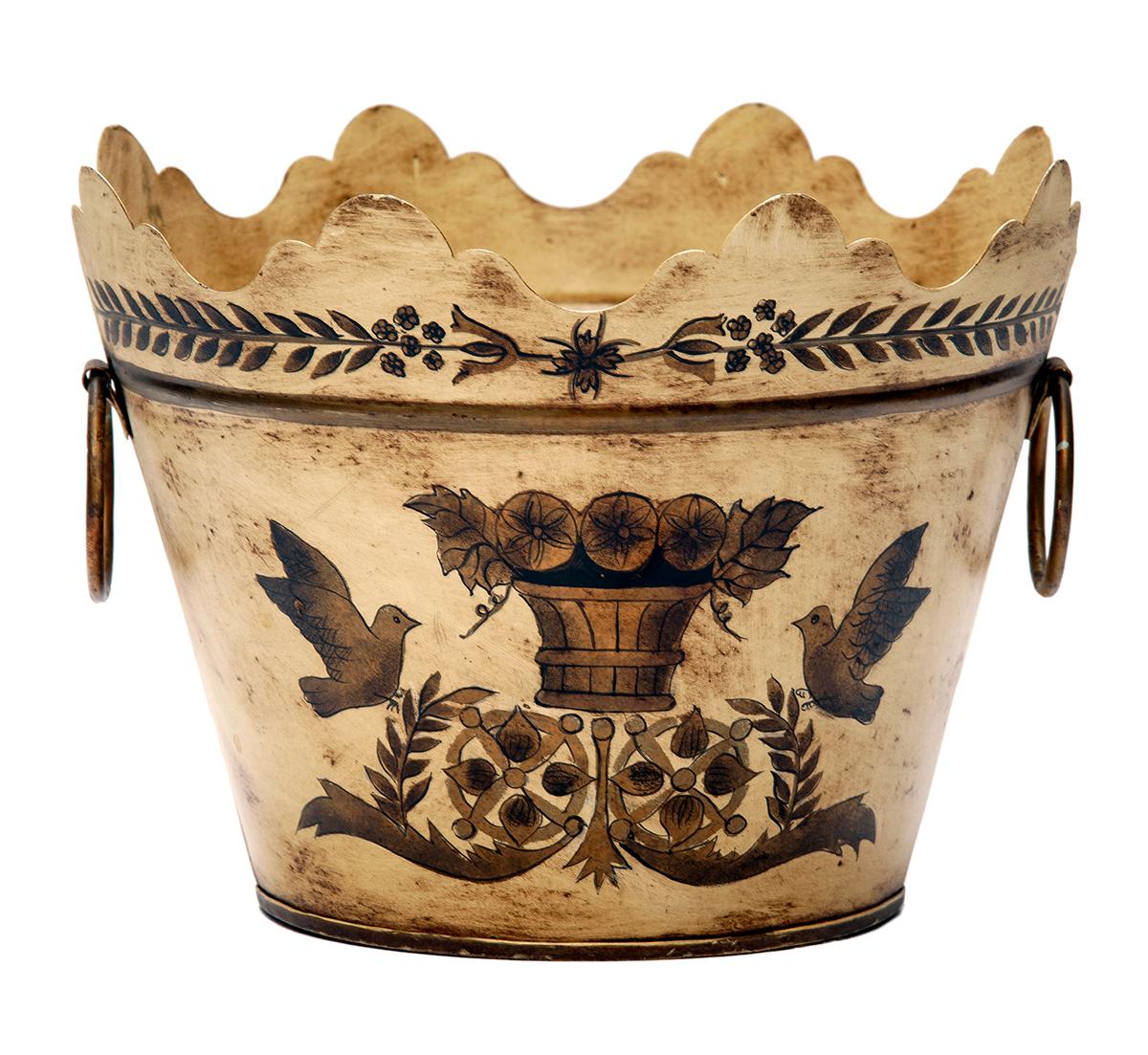 Italian Hand Painted Toile Tin Bucket/Planter in Tan, Gold & Black For Sale 4