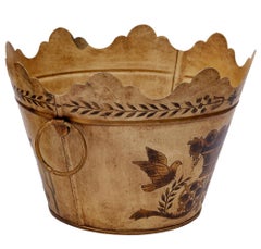 Italian Hand Painted Toile Tin Bucket/Planter in Tan, Gold & Black
