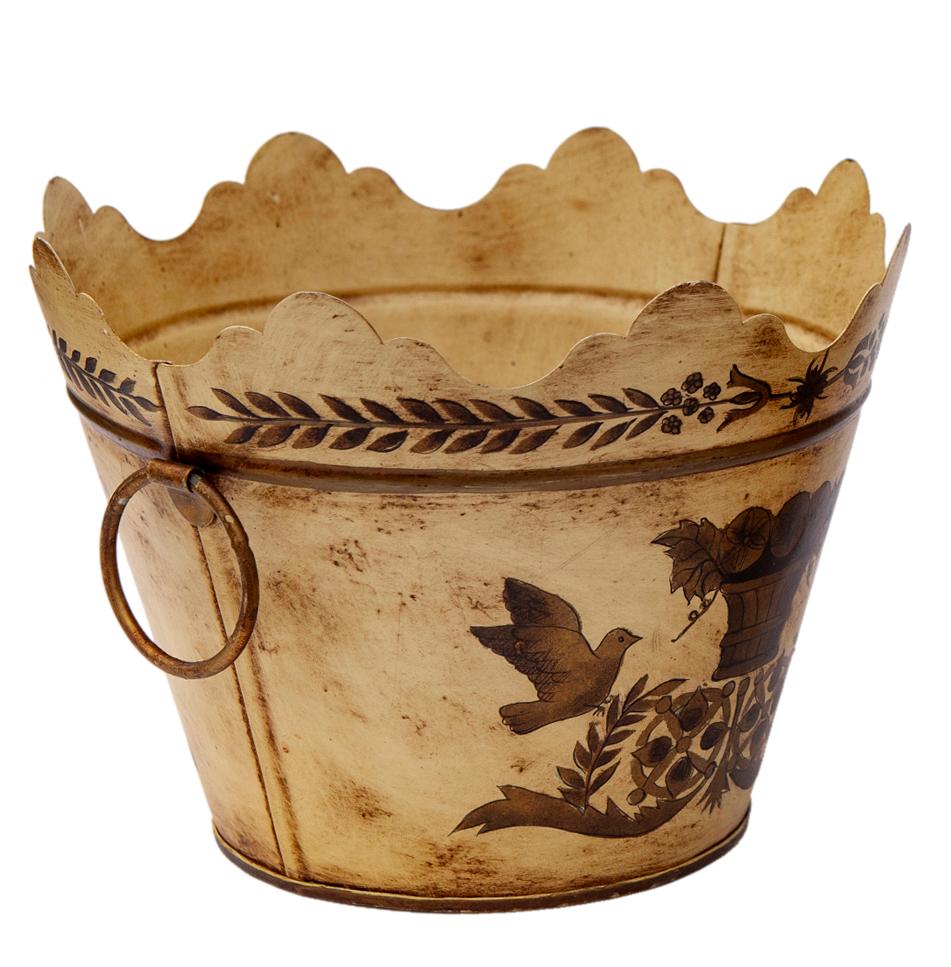 Italian Hand Painted Toile Tin Bucket/Planter in Tan, Gold & Black In Good Condition For Sale In Malibu, CA