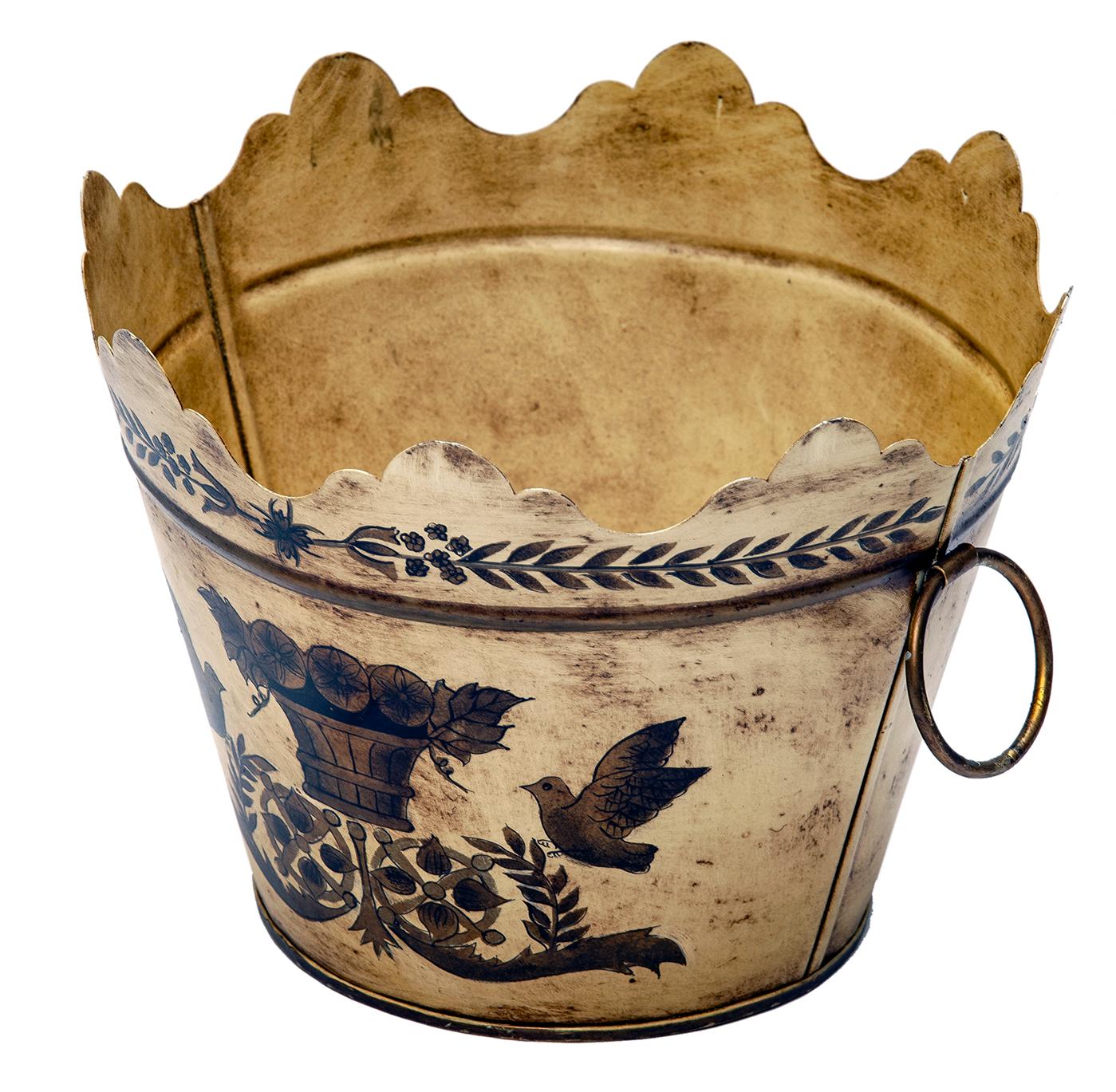 Italian Hand Painted Toile Tin Bucket/Planter in Tan, Gold & Black For Sale 1