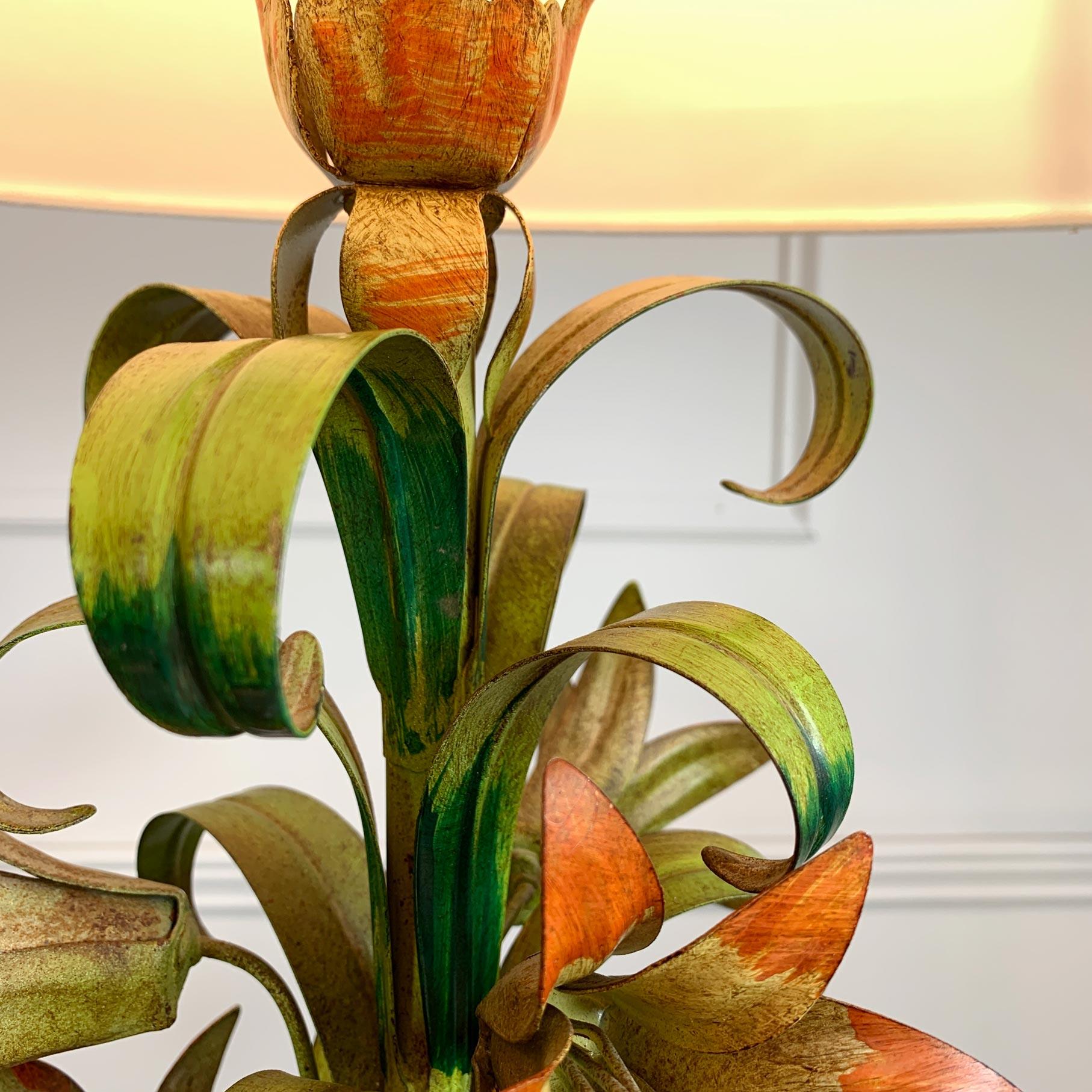 Hand-Painted  Italian Green and Orange Toleware Flower Table Lamp For Sale
