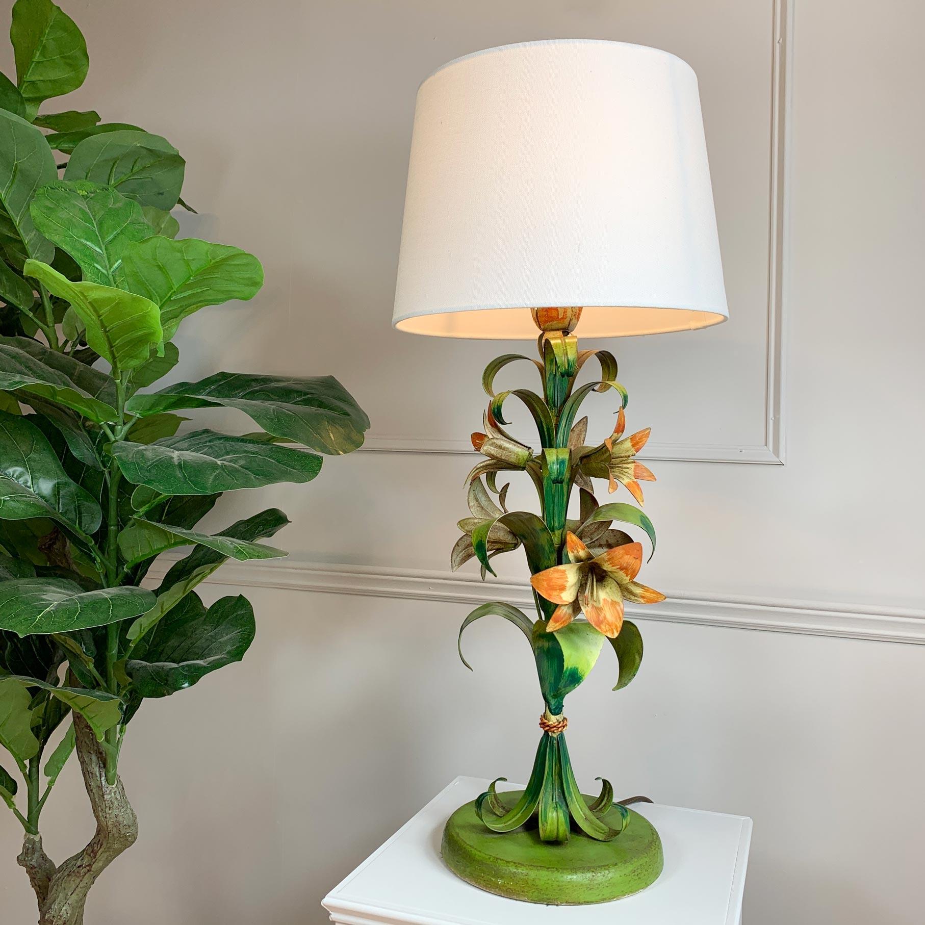Mid-20th Century Italian Green and Orange Toleware Flower Table Lamp