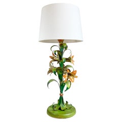  Italienische Blumen-Tischlampe aus grünem und orangefarbenem Zinn