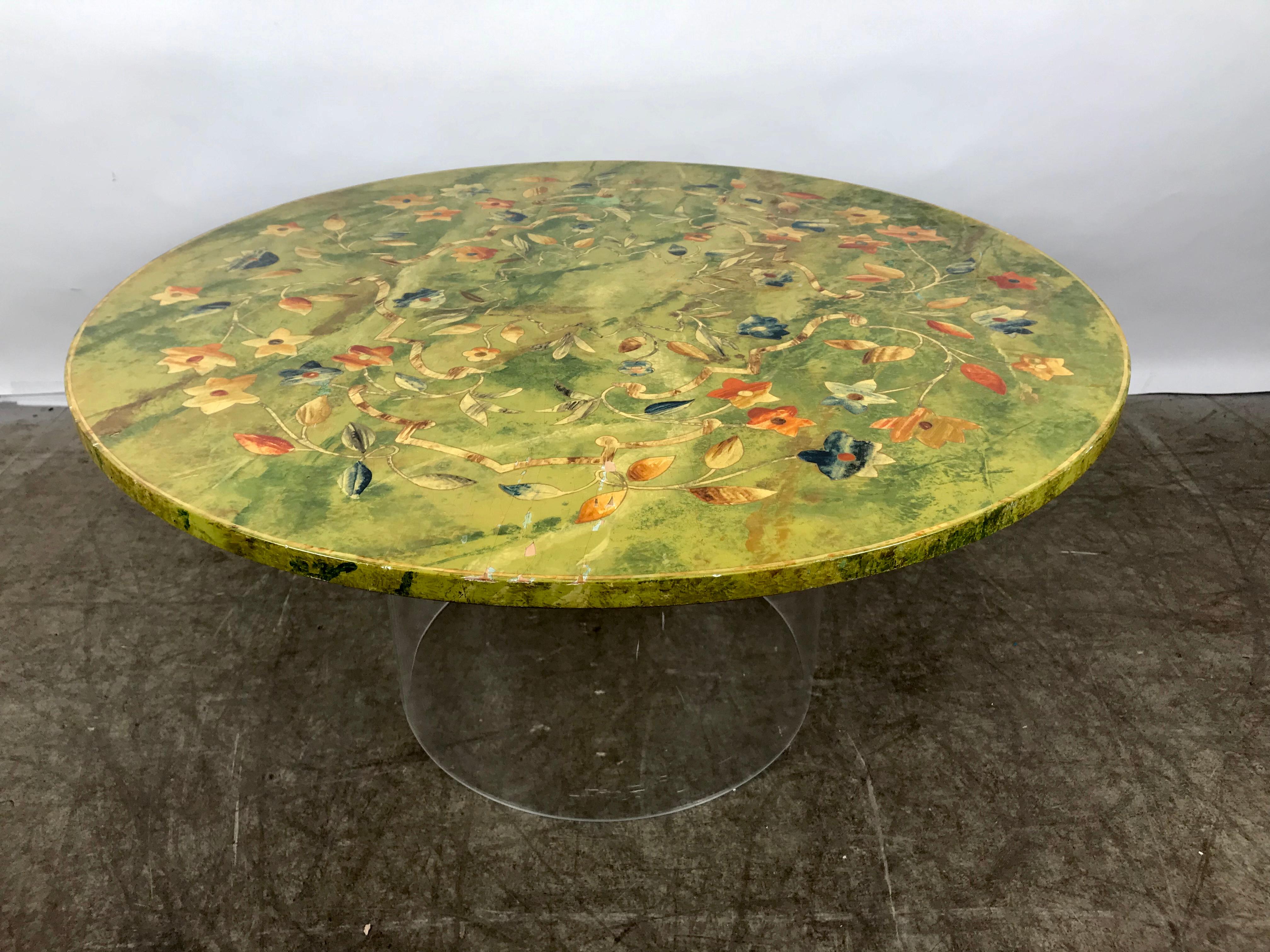 Italian hand painted top and Lucite coffee table attributed to Emilo Martelli. Stunning floral hand painted top on Lucite cylinder base, missing paint to small areas.