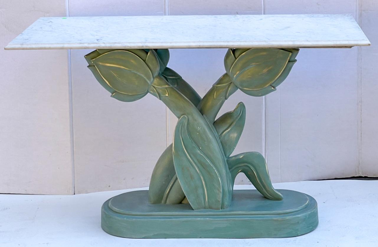 Resin Italian Hand Painted Tulip Form Marble Top Console Tables Att. Casa Bique - Pair For Sale