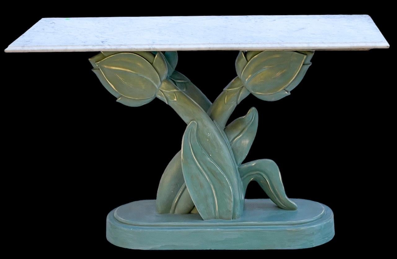 Italian Hand Painted Tulip Form Marble Top Console Tables Att. Casa Bique - Pair For Sale 1