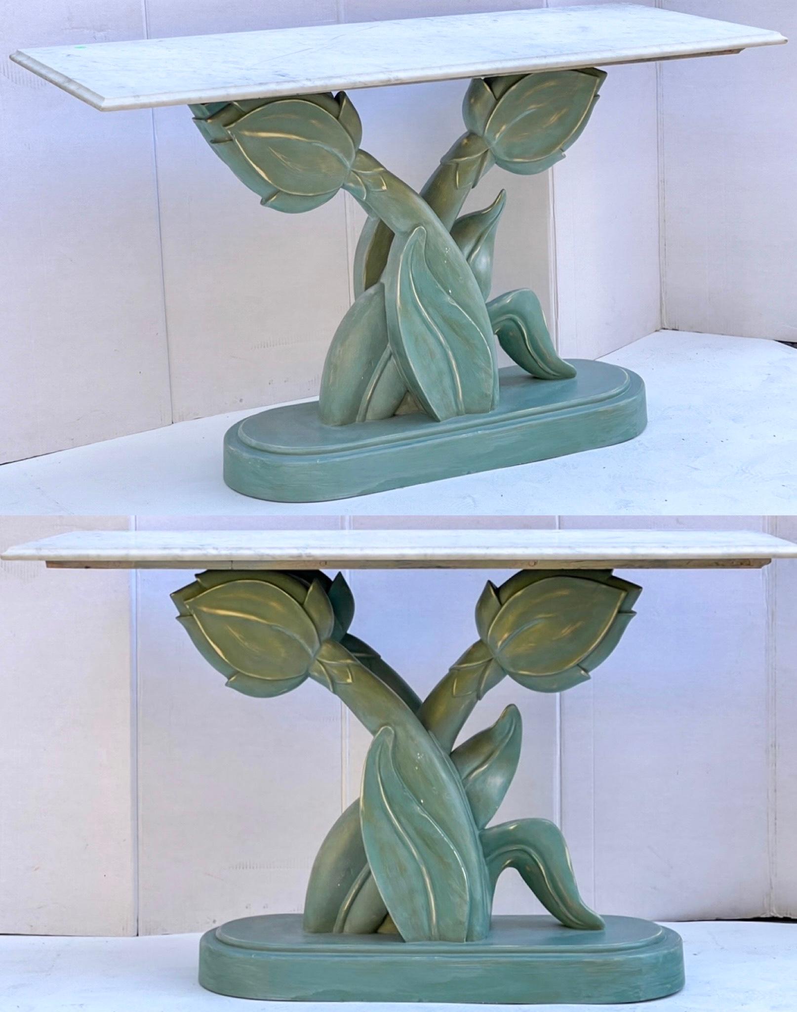 Italian Hand Painted Tulip Form Marble Top Console Tables Att. Casa Bique - Pair For Sale 3