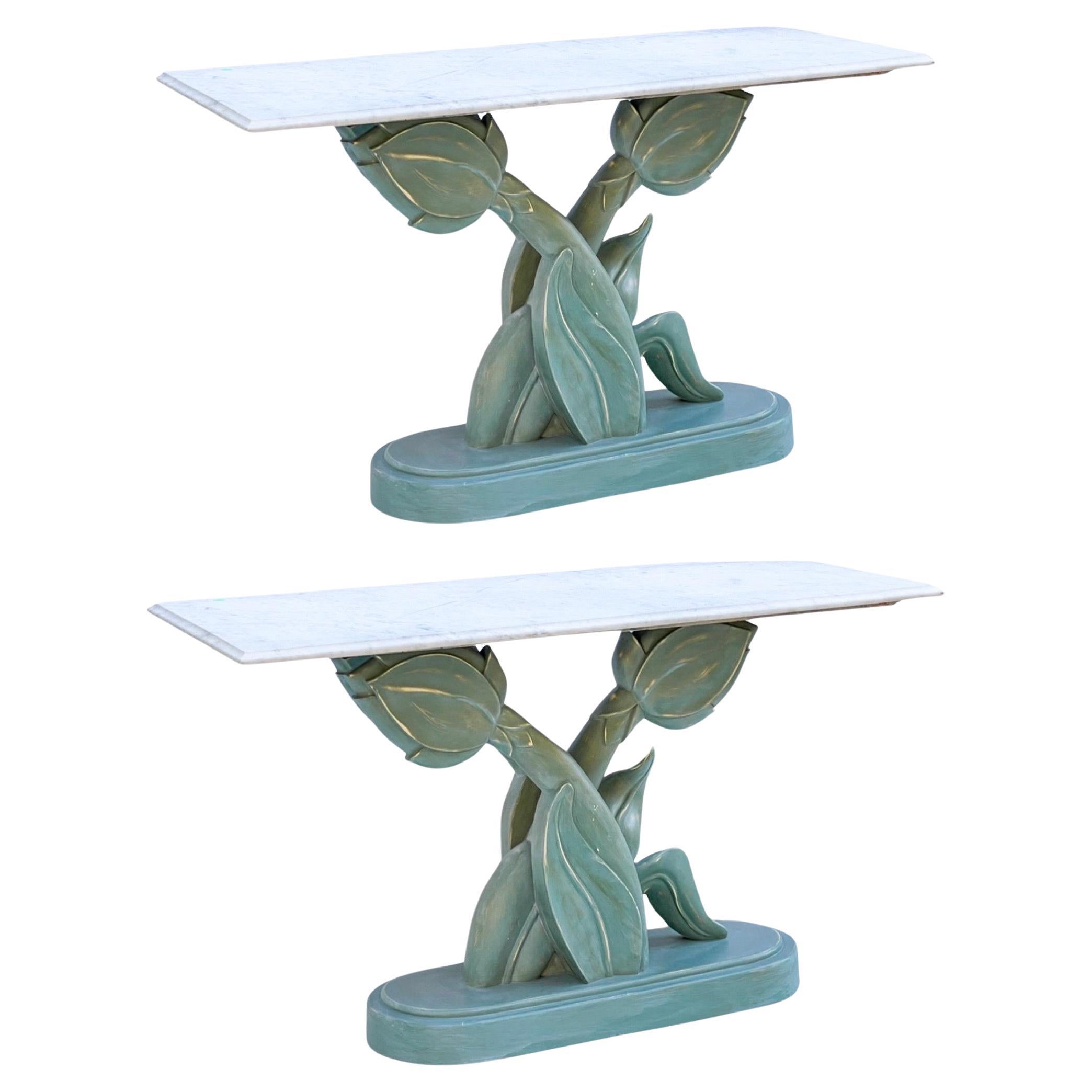 Italian Hand Painted Tulip Form Marble Top Console Tables Att. Casa Bique - Pair For Sale