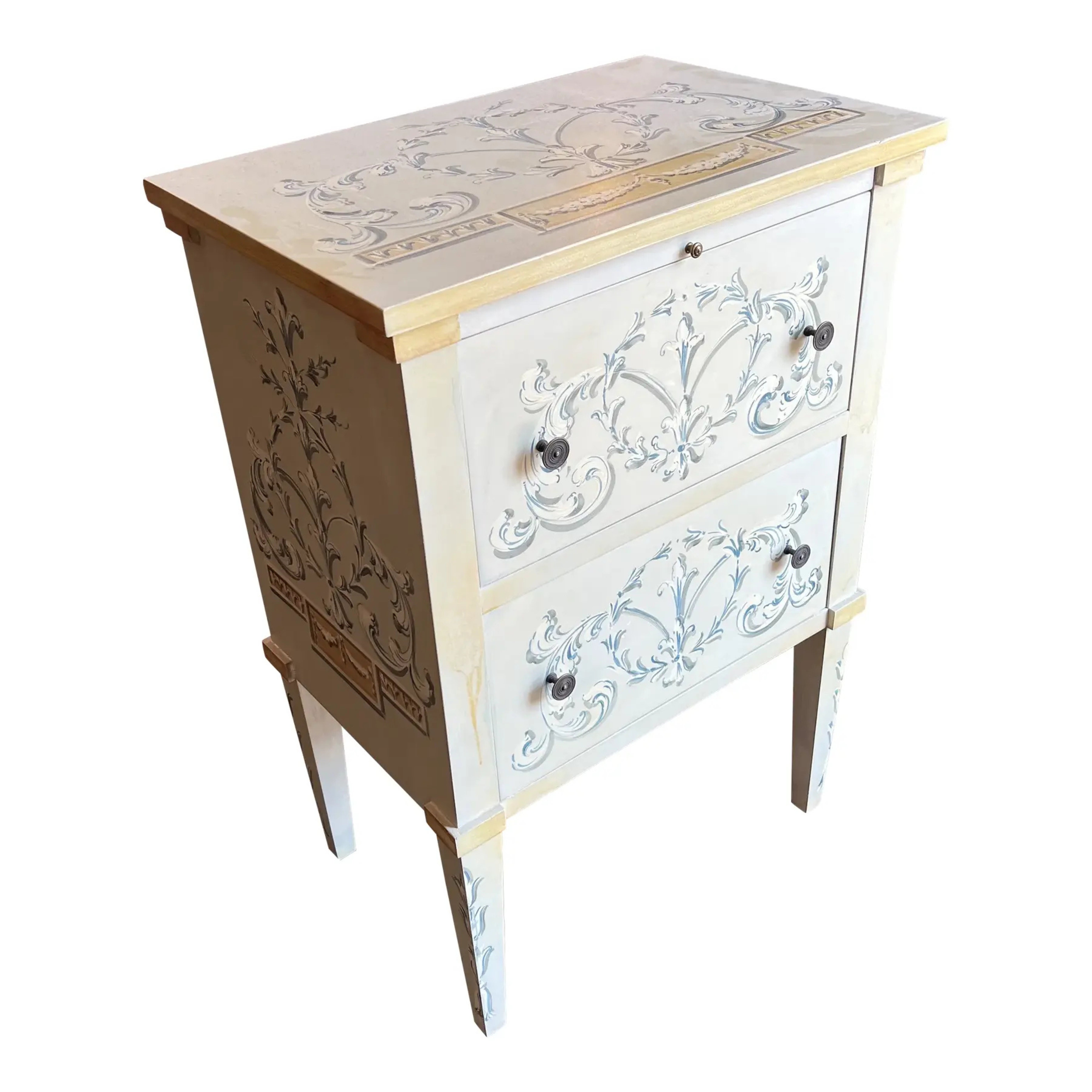 Italian Hand-Painted 2-Drawer Chest, Hidden Tray, 1990s For Sale
