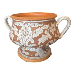 Italian Hand-Painted Two-Piece Ceramic Centerpiece Planter, Handled Upper Bowel