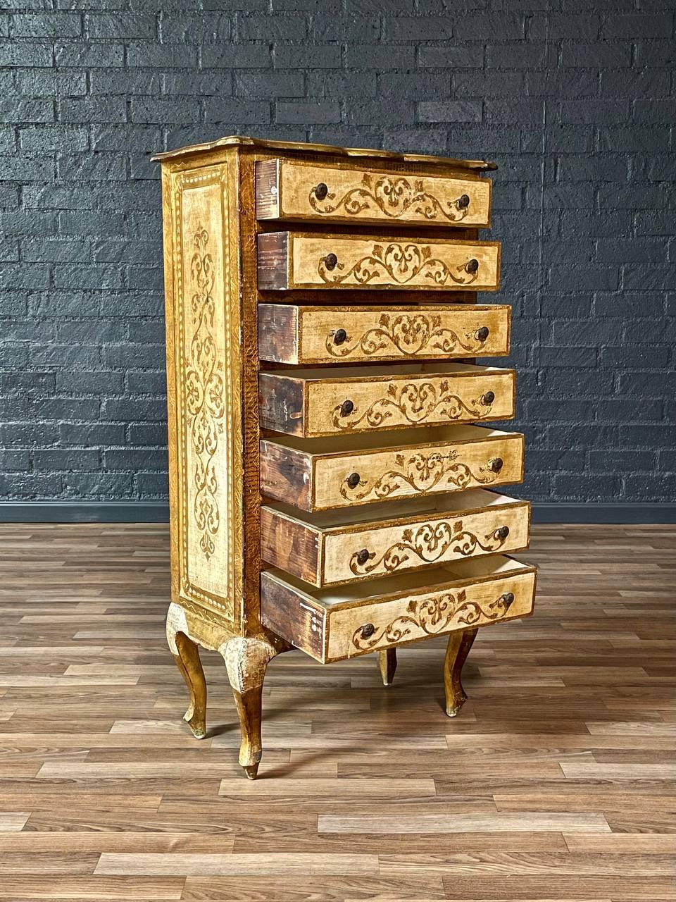 Hollywood Regency Italian Hand-Painted Venetian Tallboy Lingerie Dresser w/ Gilt Accents For Sale