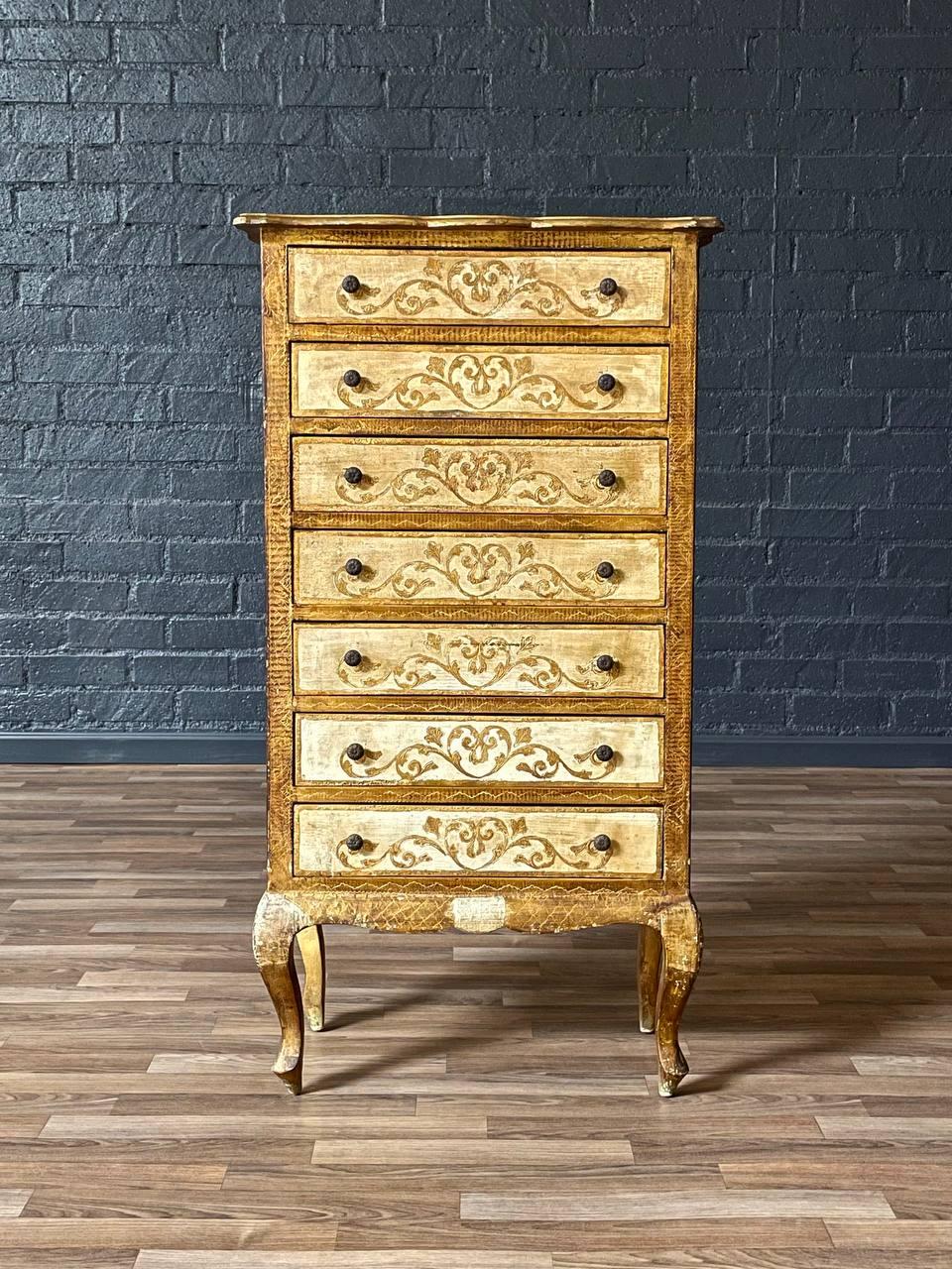Mid-20th Century Italian Hand-Painted Venetian Tallboy Lingerie Dresser w/ Gilt Accents For Sale