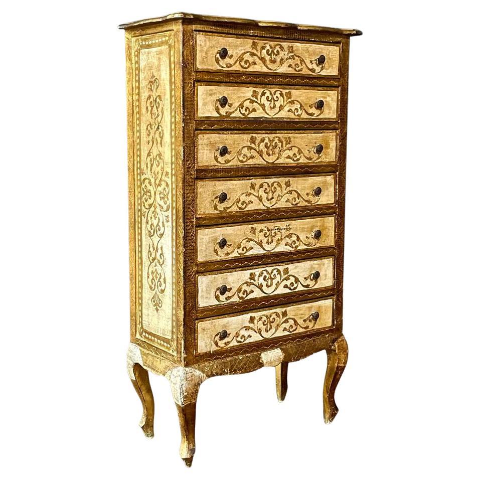 Italian Hand-Painted Venetian Tallboy Lingerie Dresser w/ Gilt Accents For Sale