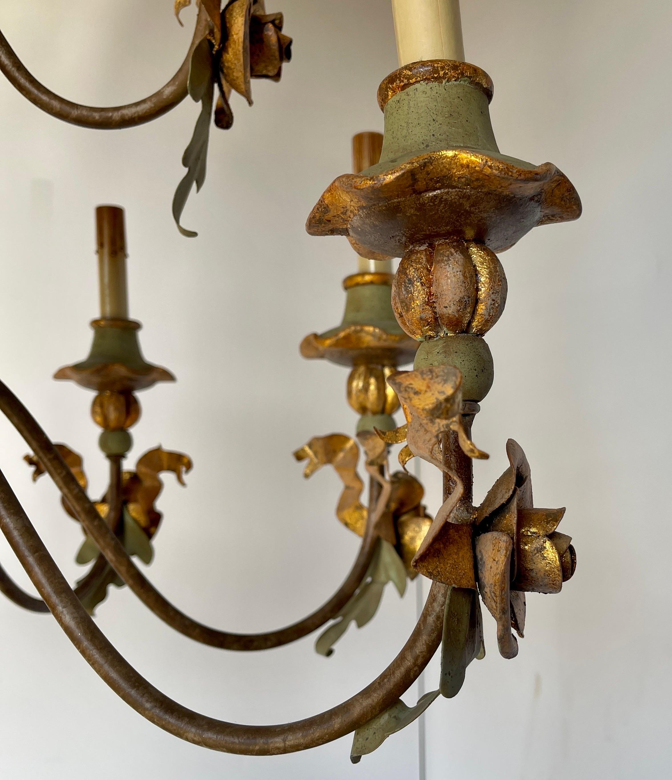 Italian Hand Painted Wood and Iron Floral Tassel Chandelier For Sale 5