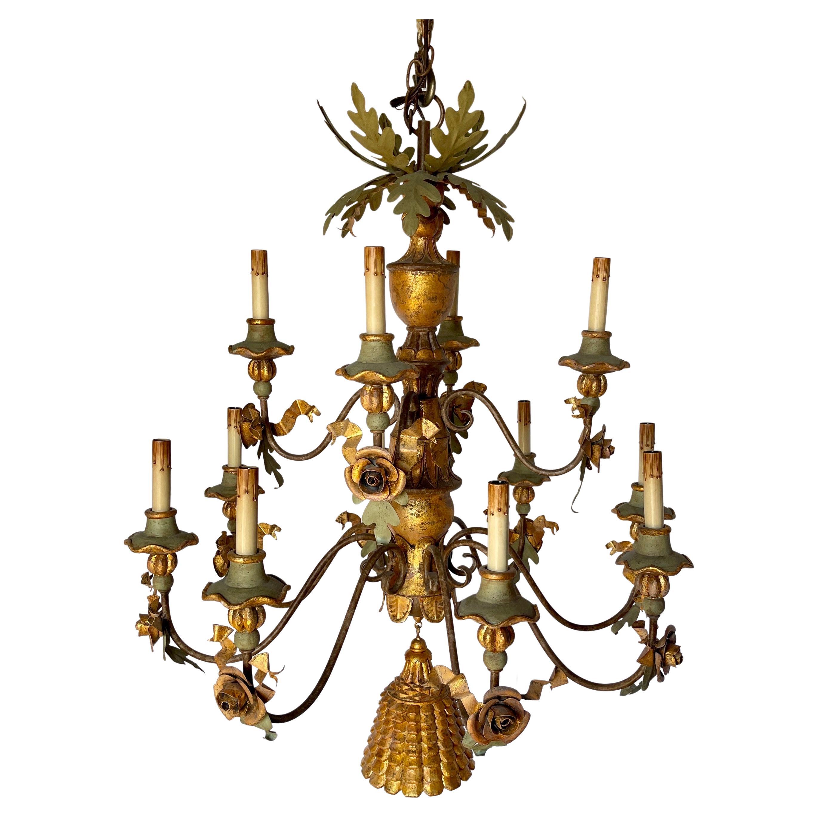 Mid-Century Modern Italian Hand Painted Wood and Iron Floral Tassel Chandelier For Sale