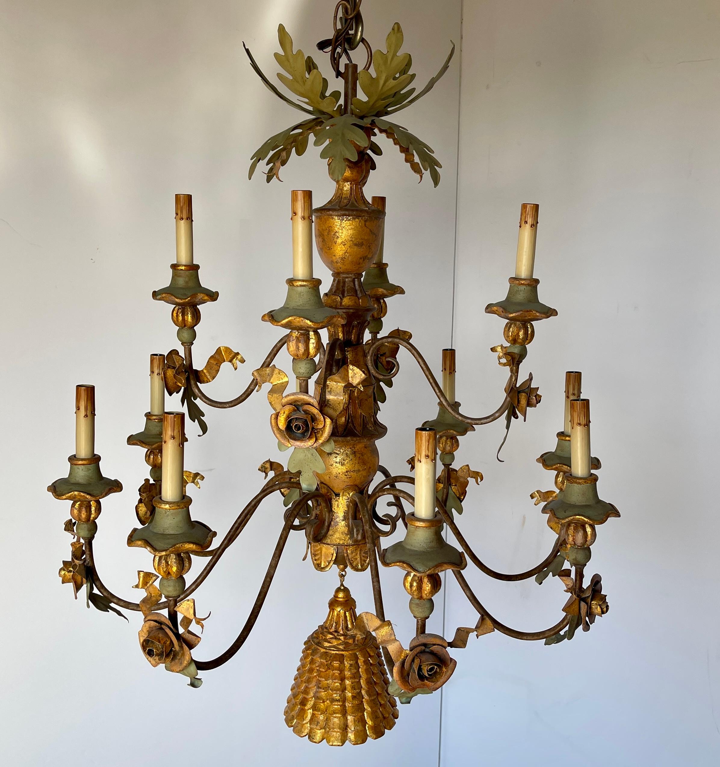 Hand-Painted Italian Hand Painted Wood and Iron Floral Tassel Chandelier For Sale