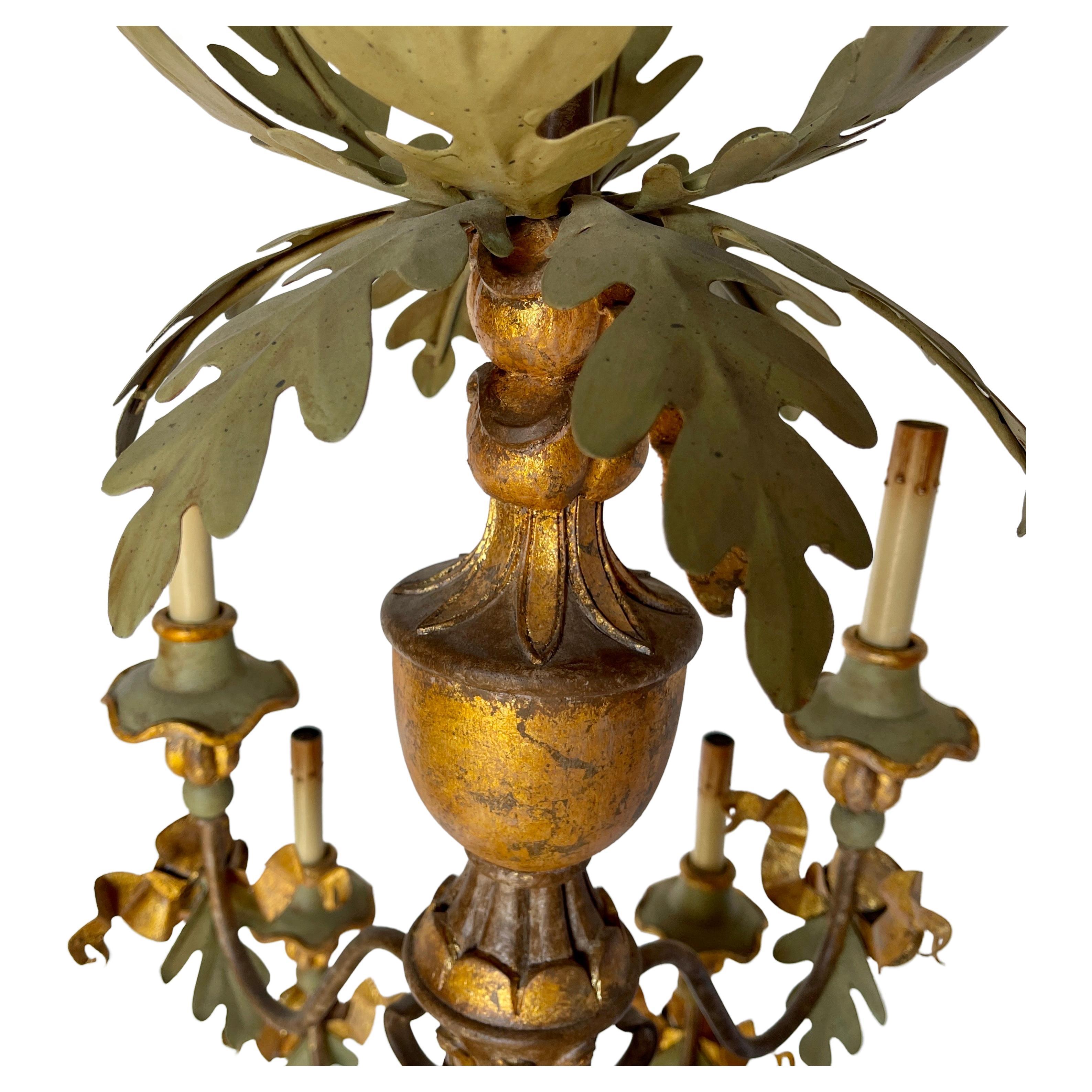 20th Century Italian Hand Painted Wood and Iron Floral Tassel Chandelier For Sale