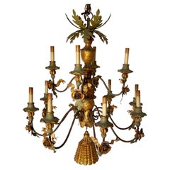 Italian Hand Painted Wood and Iron Floral Tassel Chandelier