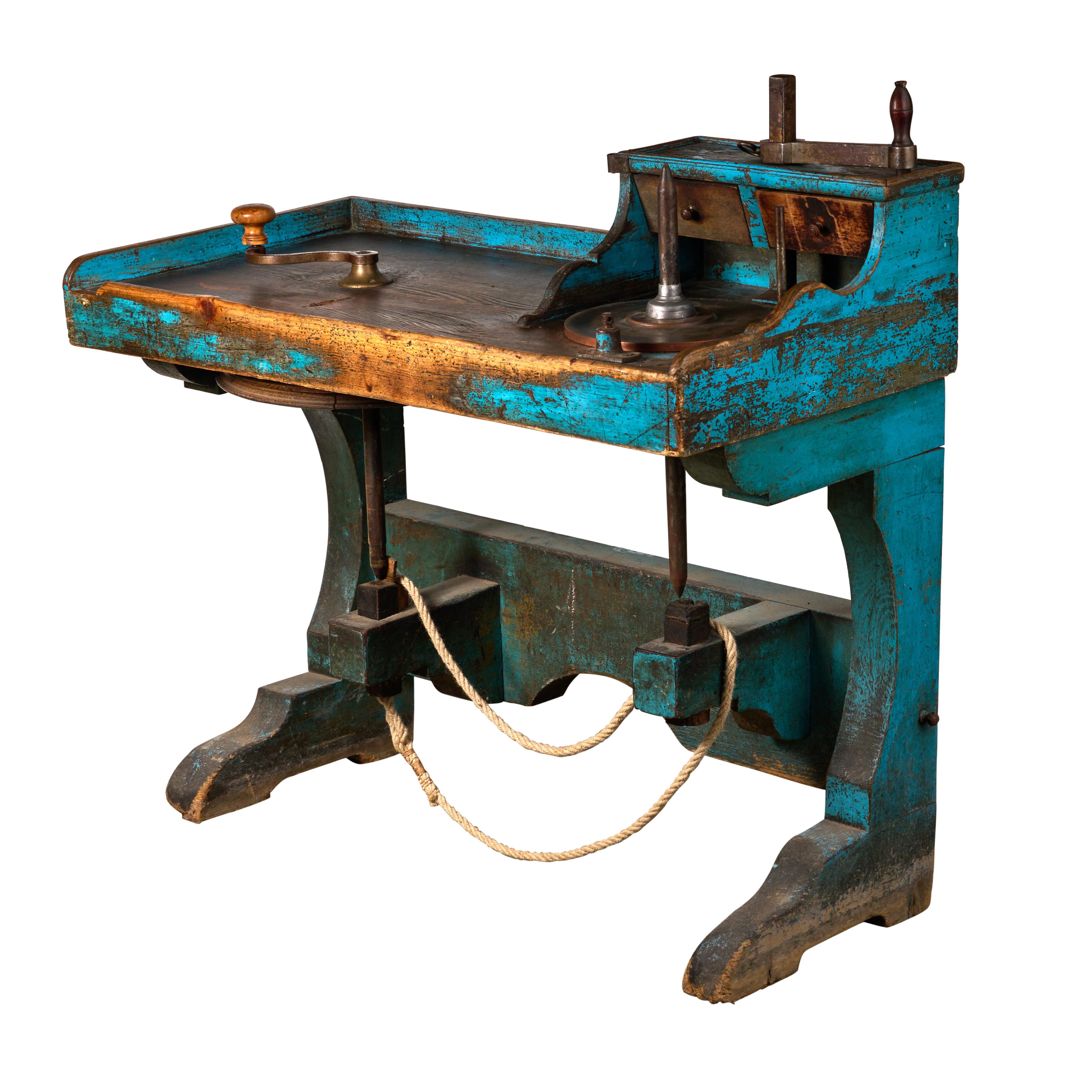 Italian hand powered jewelers table with original blue paint. Very rare. Great condition.  