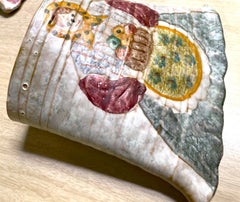 Italian Hand Primitive Painted Pottery Wall Pocket Vase Woman w/Basket of Fruit