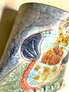 Italian Hand Primitive Painted Pottery Wall Pocket Vase Woman w/Basket of Fruit