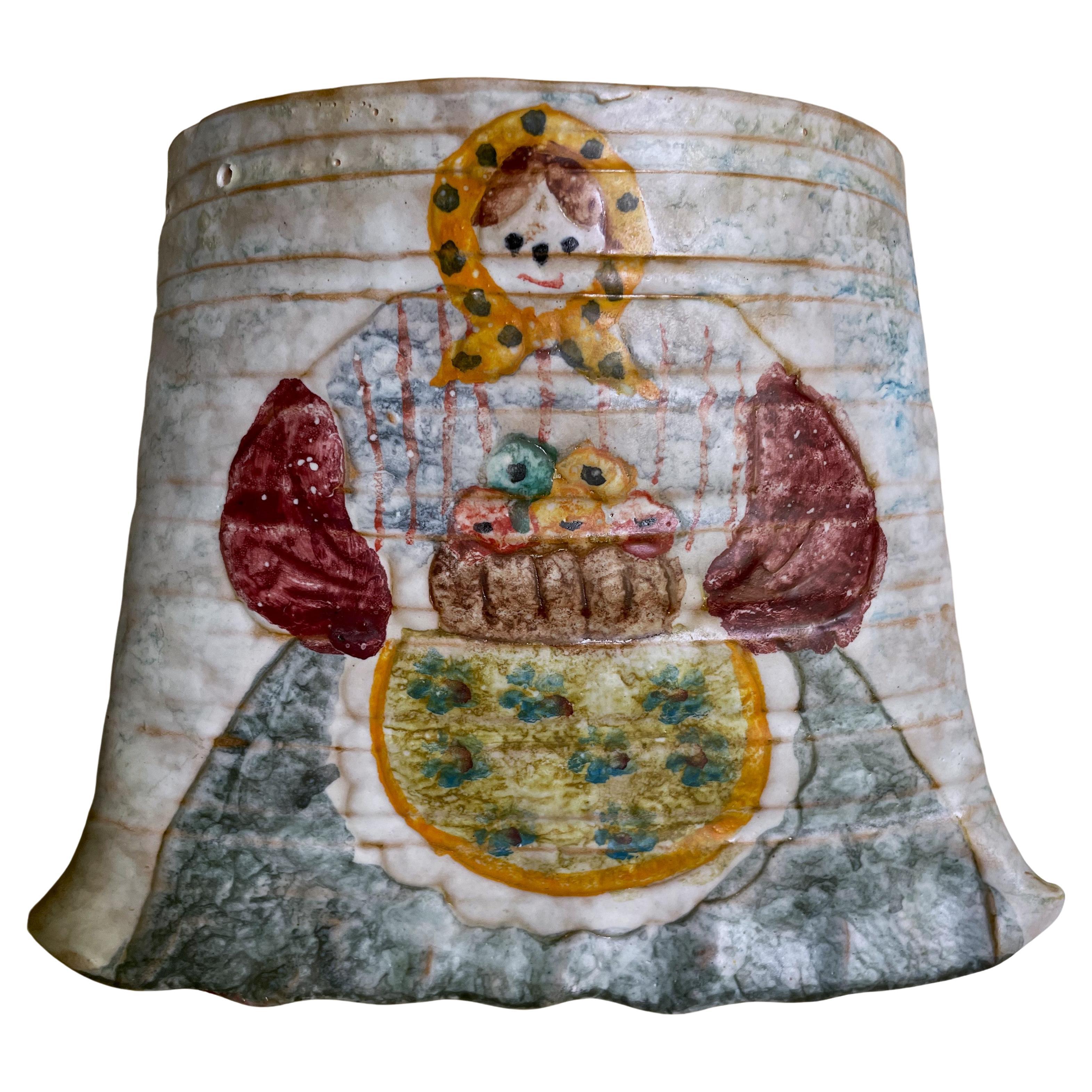 Italian Hand Primitive Painted Pottery Wall Pocket Vase Woman w/Basket of Fruit