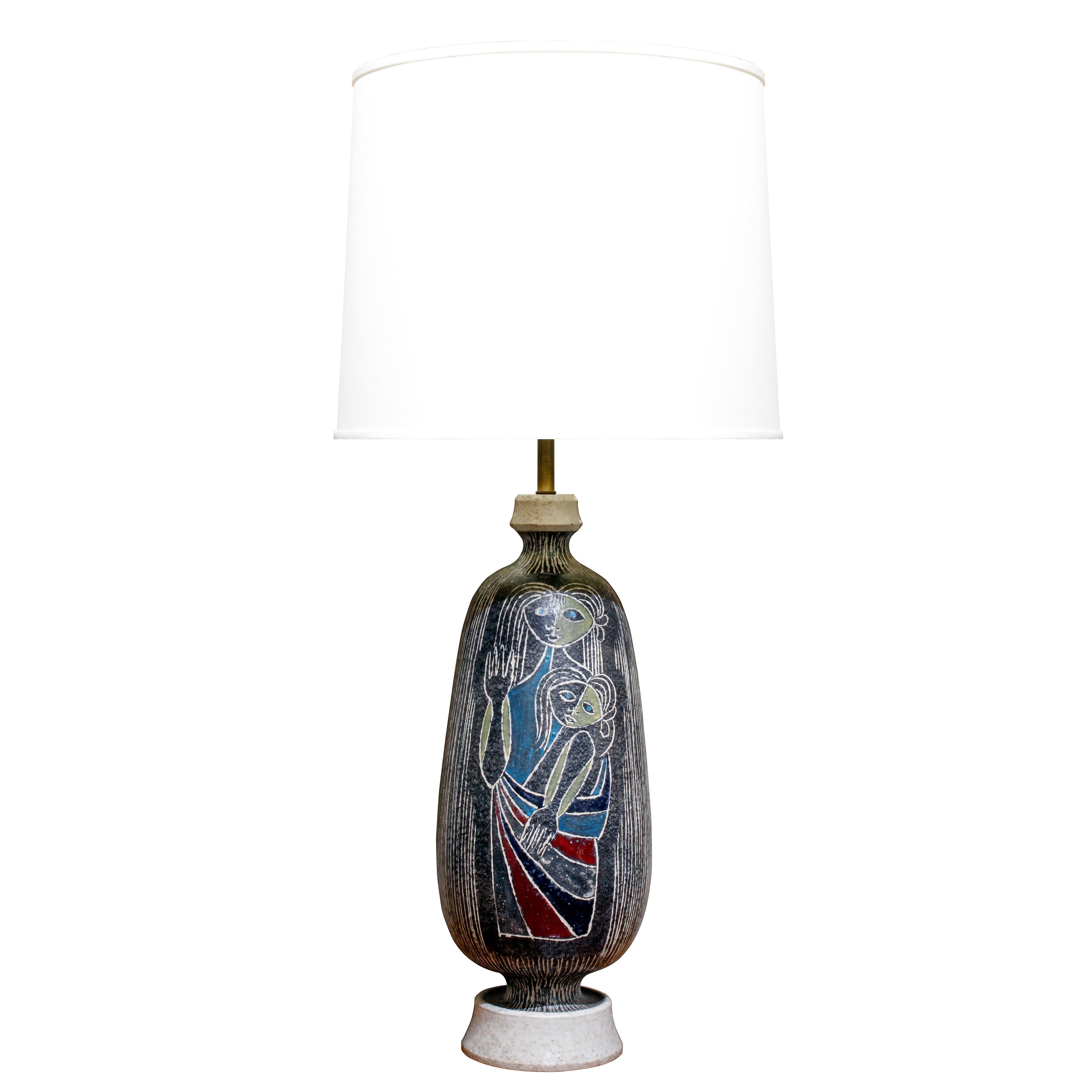 Large hand-thrown ceramic table lamp with figural decoration, Italian 1950’s (signed on bottom 