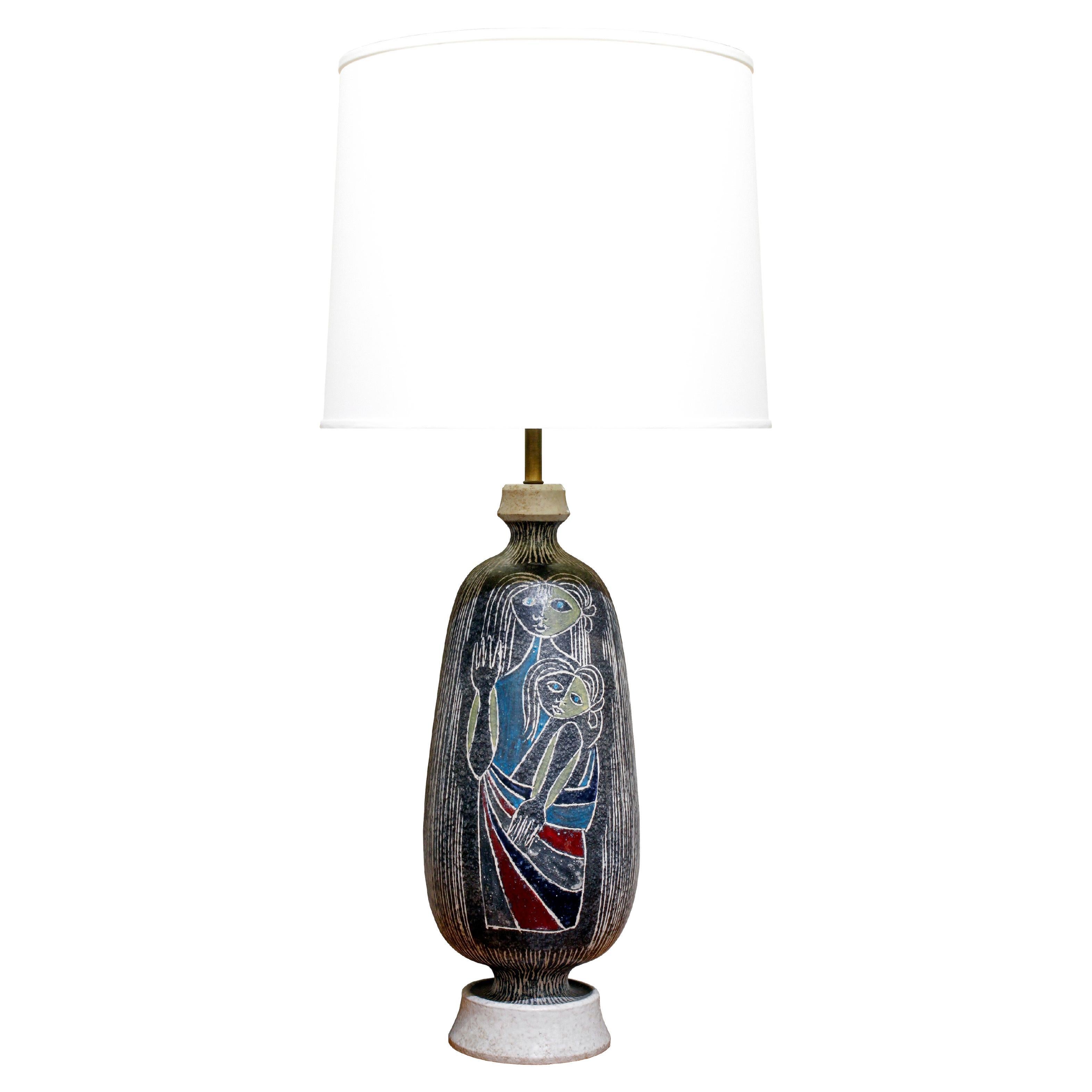Italian Hand-Thrown Ceramic Table Lamp with Mother and Child Motif, 1950s For Sale