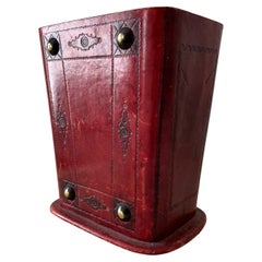 Italian Hand-Tooled Red Leather Waste Paper Basket