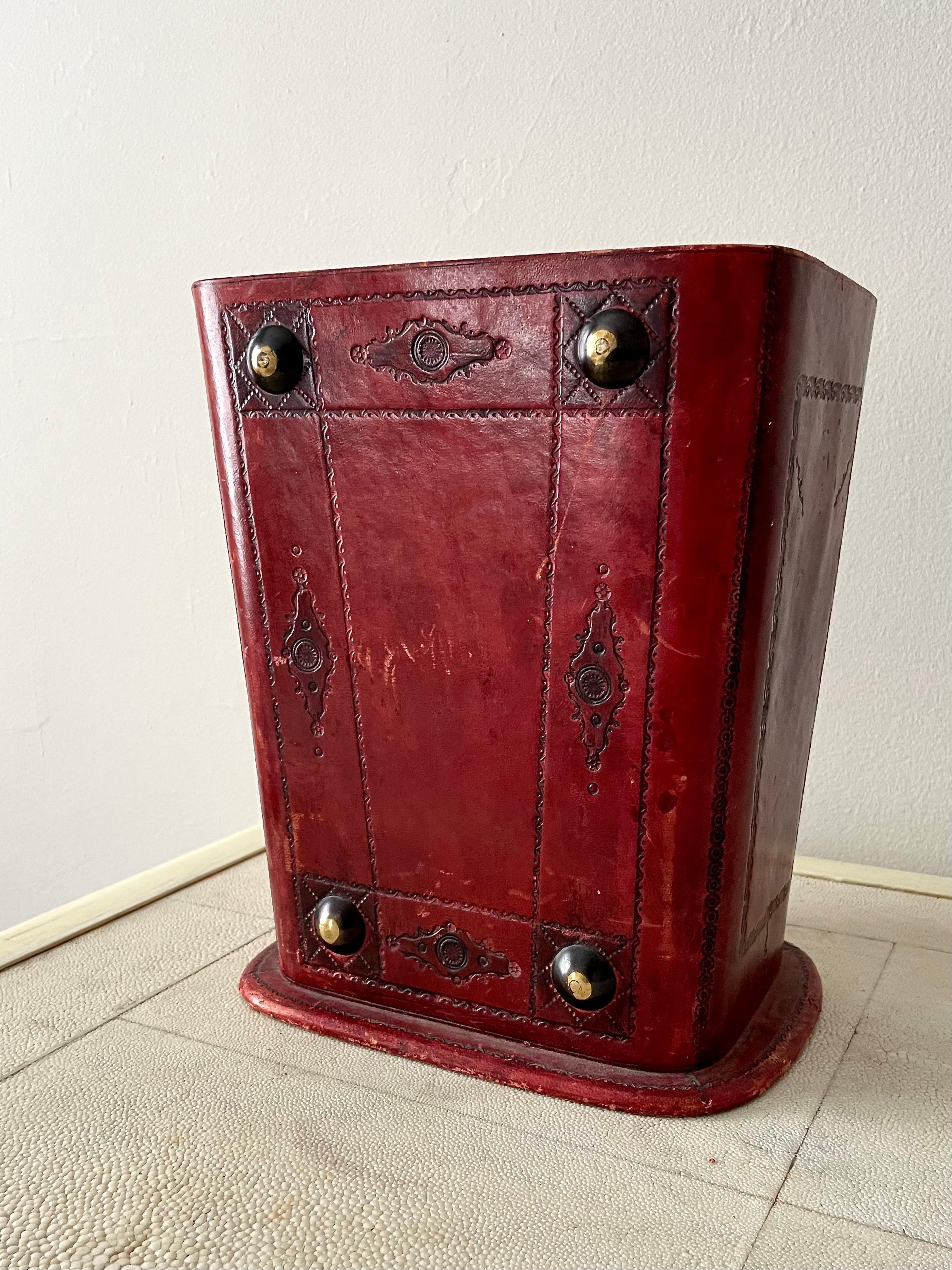 Hand-Crafted Italian Hand-Tooled Red Leather Waste Paper Basket