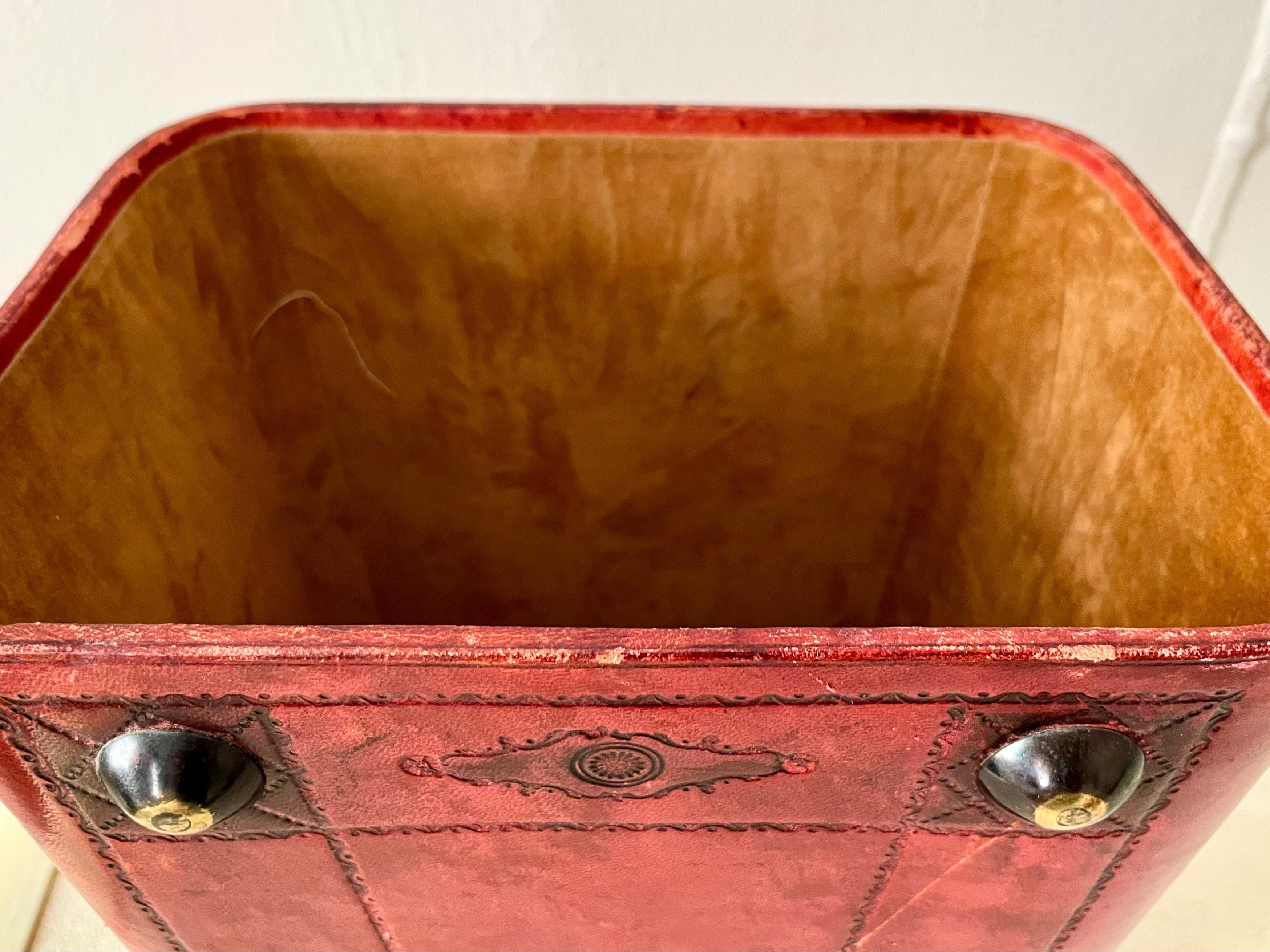 Italian Hand-Tooled Red Leather Waste Paper Basket In Good Condition In Los Angeles, CA