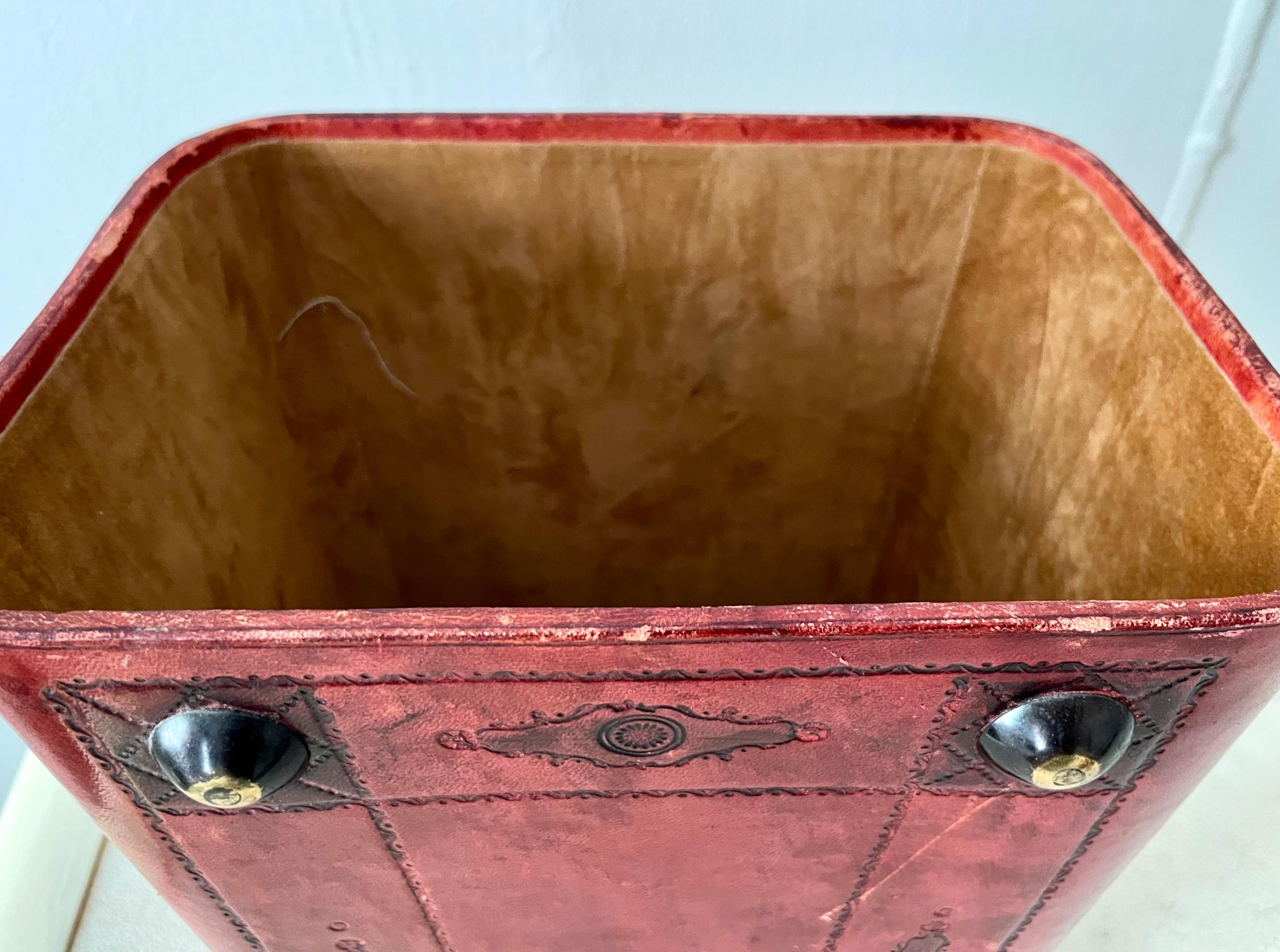 20th Century Italian Hand-Tooled Red Leather Waste Paper Basket