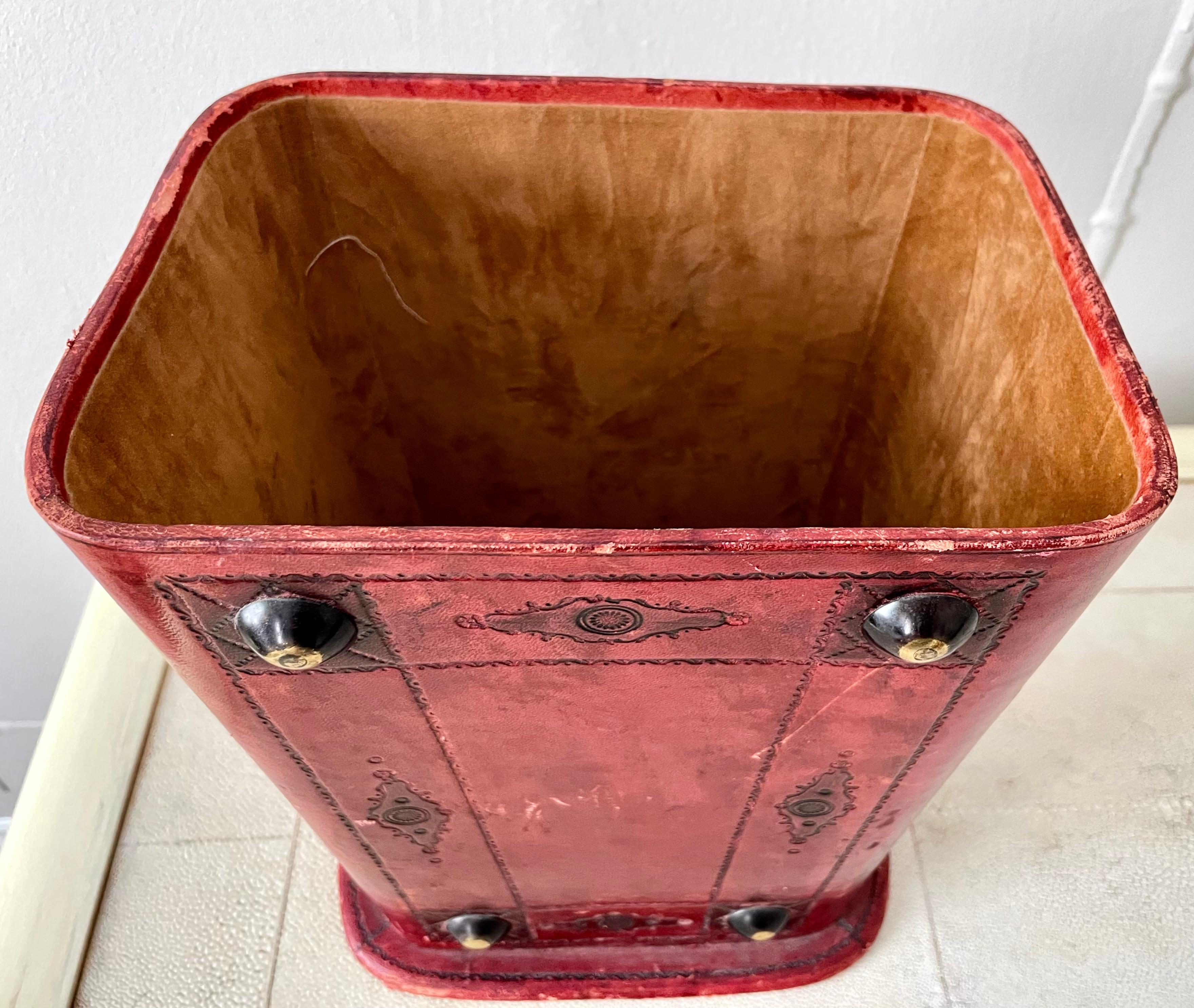 Italian Hand-Tooled Red Leather Waste Paper Basket 1