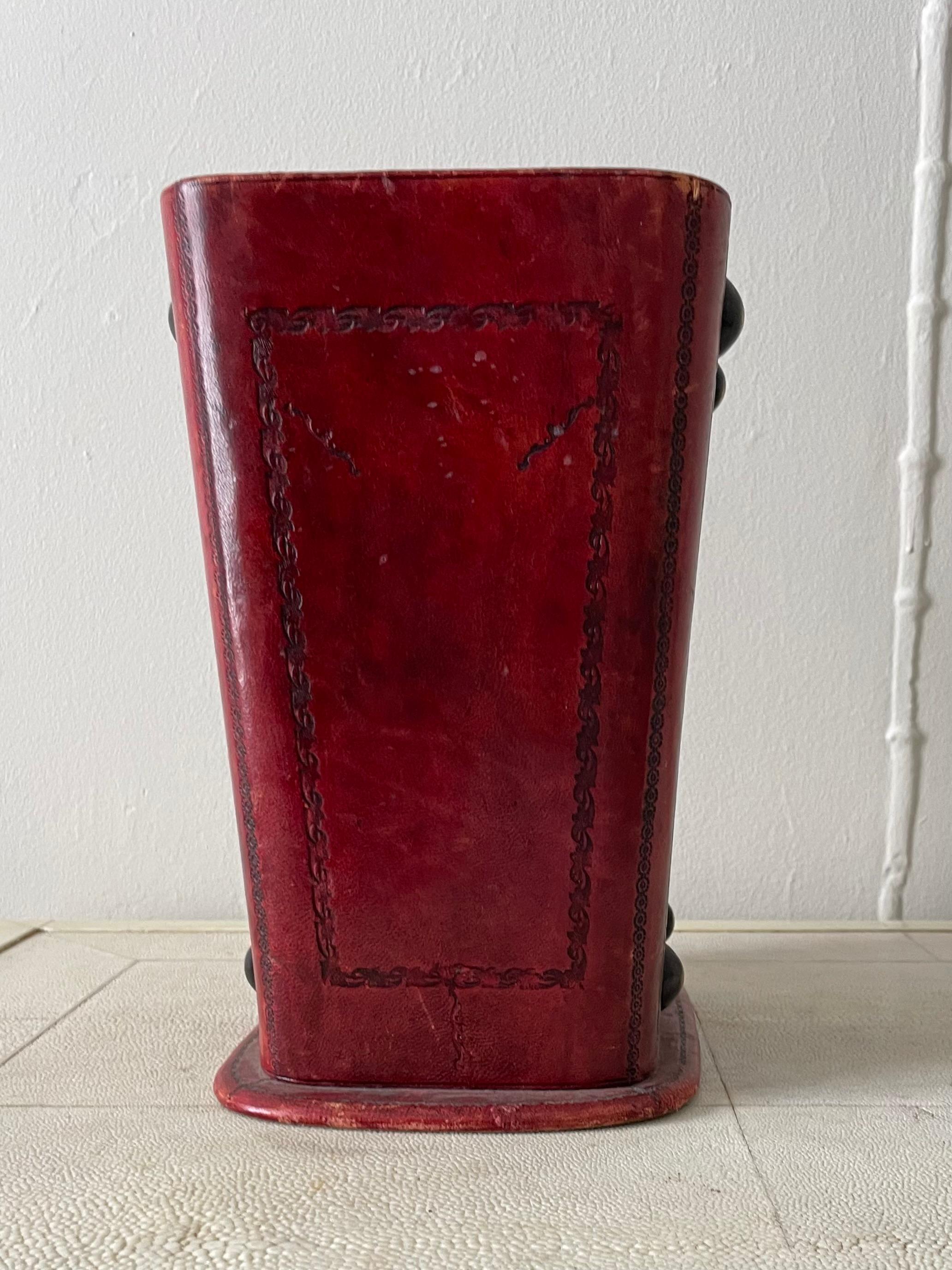 Italian Hand-Tooled Red Leather Waste Paper Basket 2